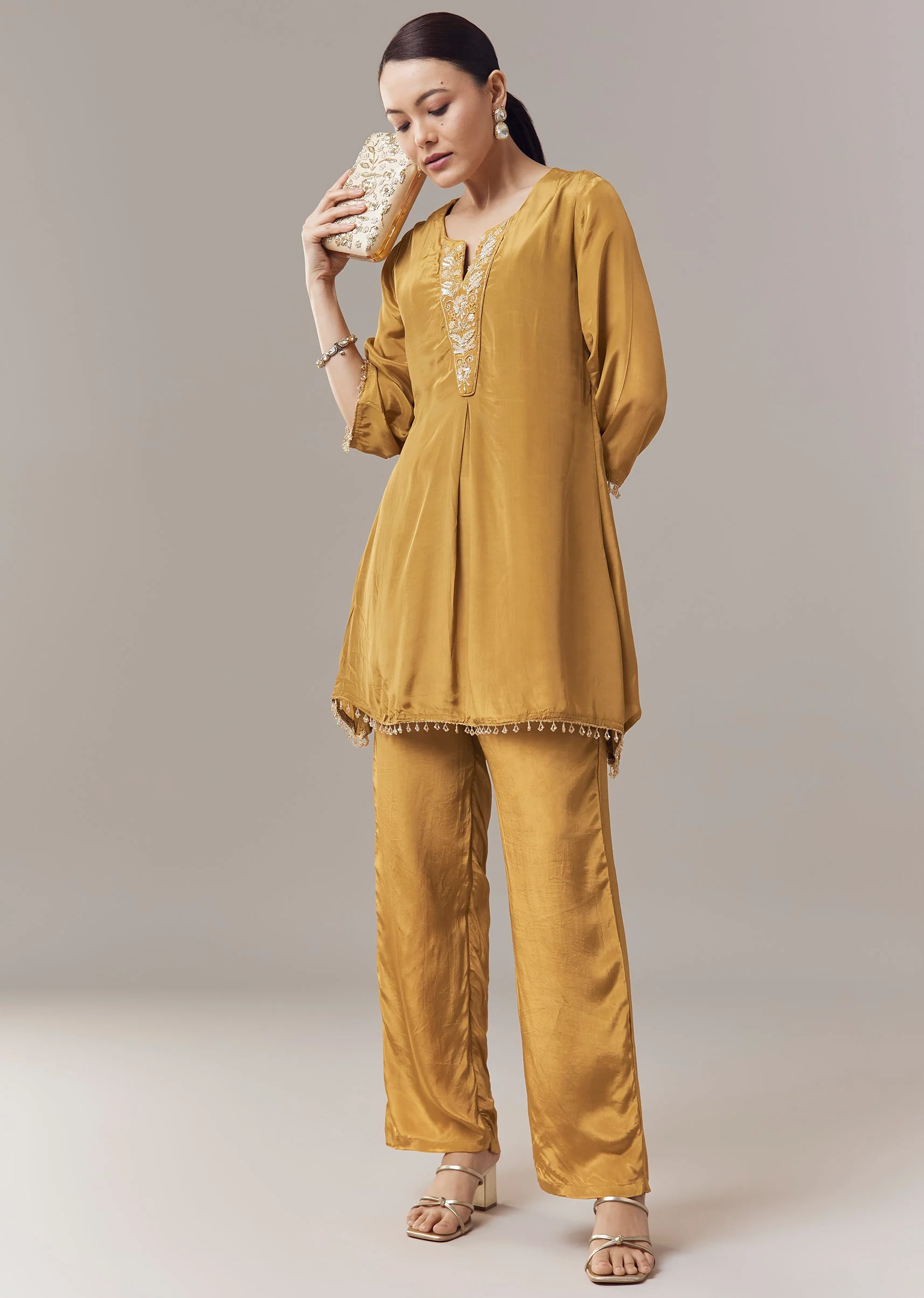 Mustard Yellow Coord Set With Sequins And Zari Work - Image 3