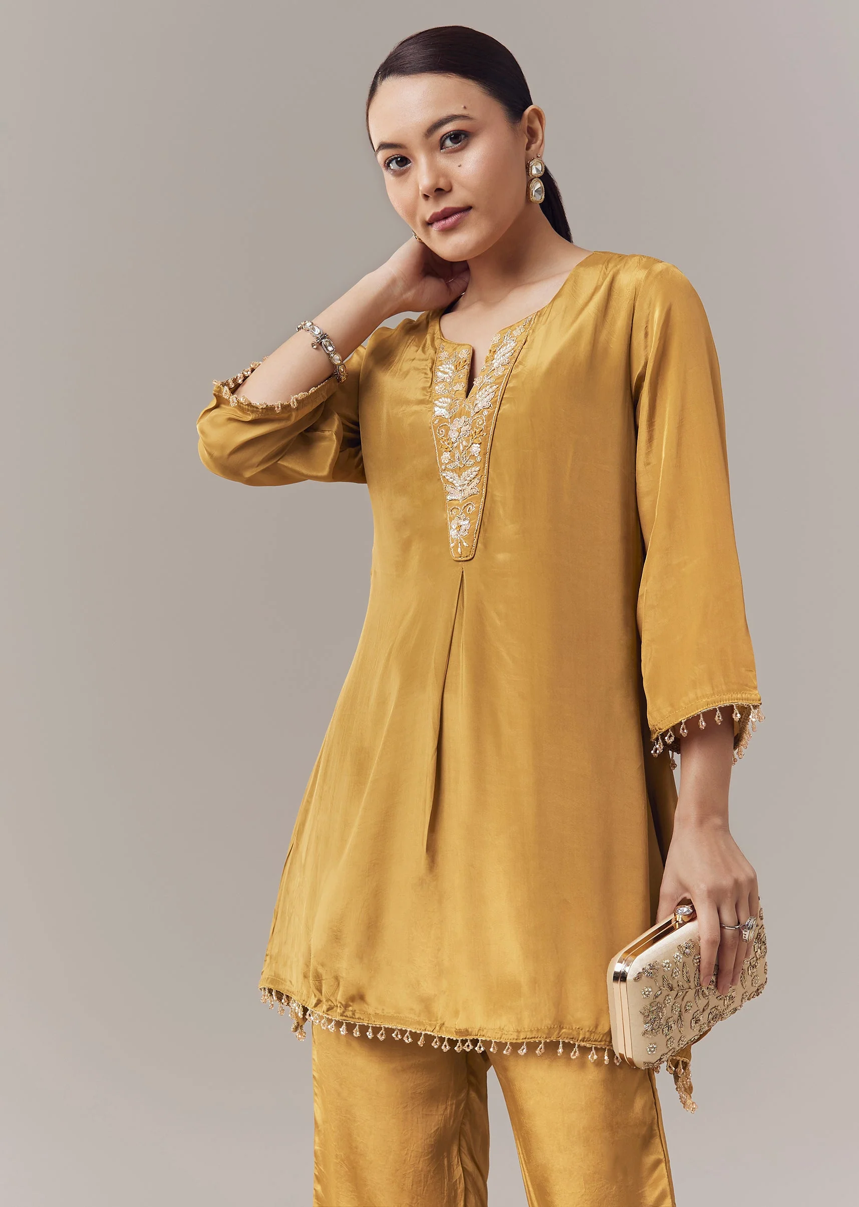 Mustard Yellow Coord Set With Sequins And Zari Work - Image 4