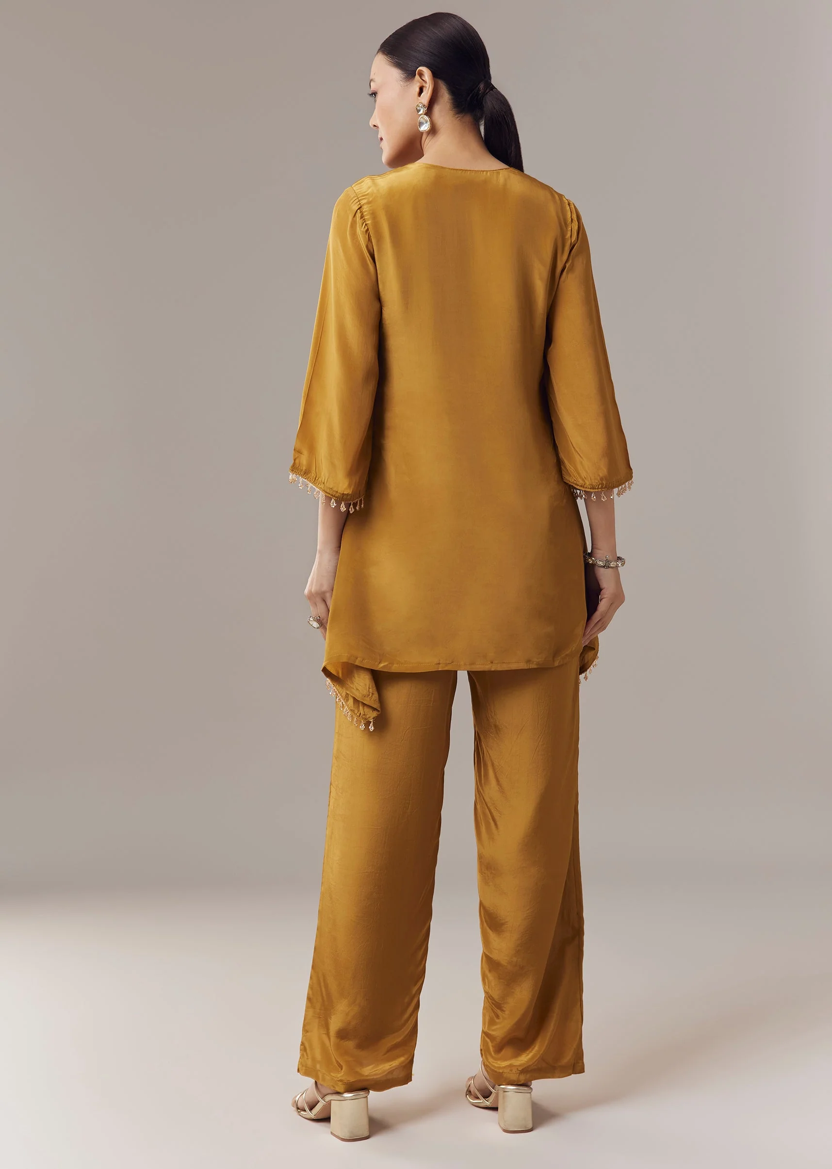Mustard Yellow Coord Set With Sequins And Zari Work - Image 5