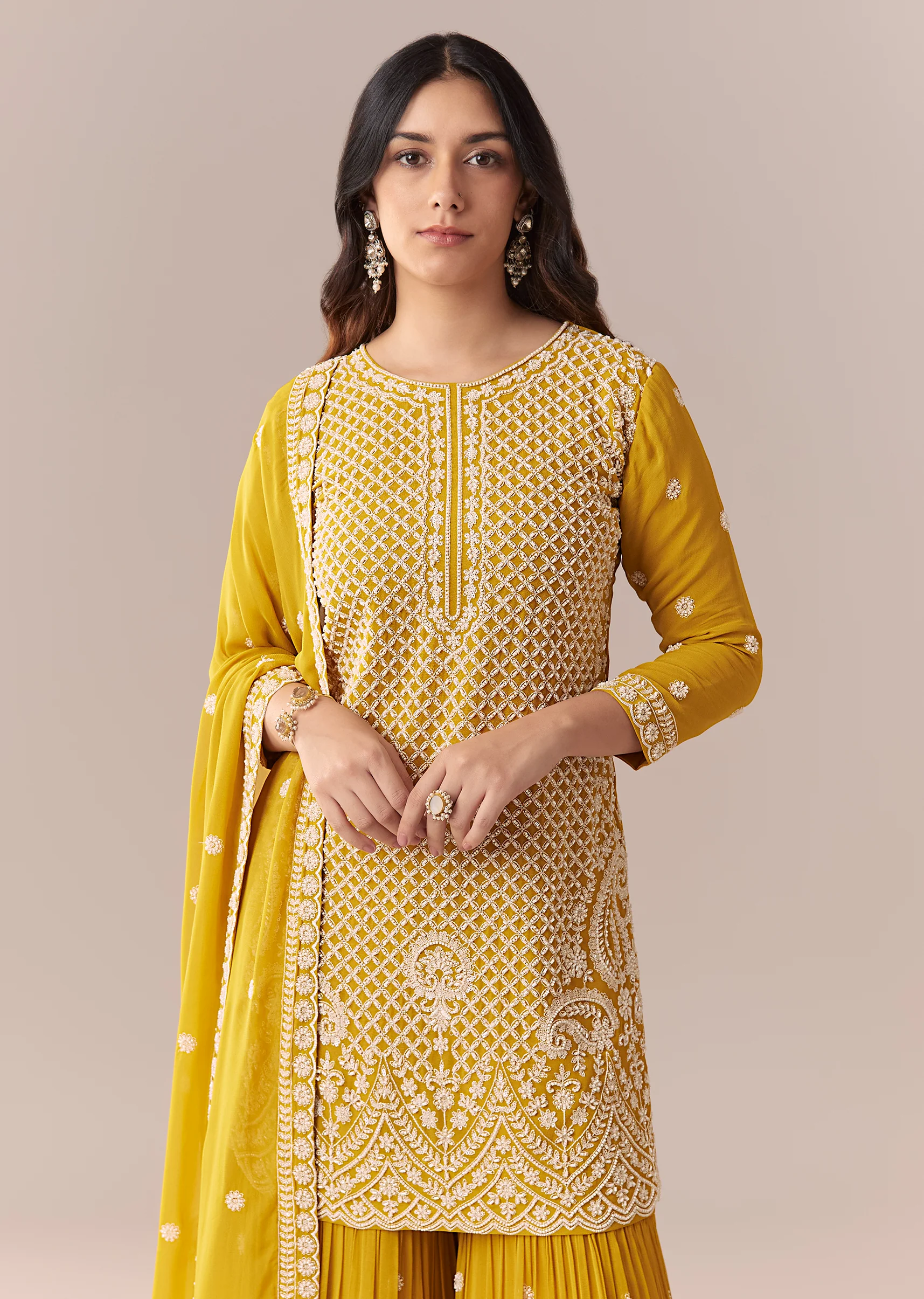 Mustard Yellow Coordinated Attire – Embellished Sharara Suit For Her And Yellow Silk Mirror Work Kurta Set For Him - Image 3