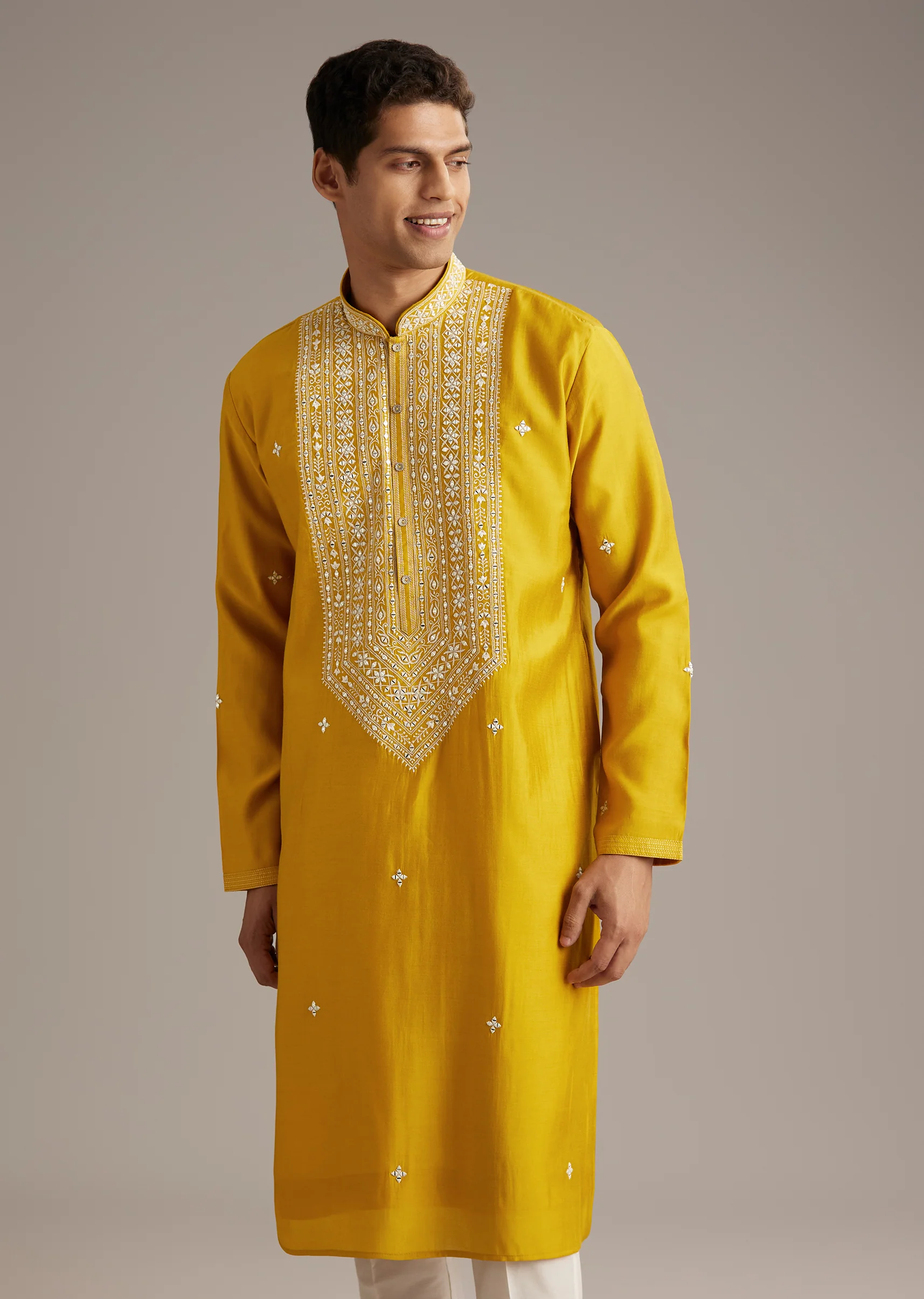 Mustard Yellow Coordinated Attire – Embellished Sharara Suit For Her And Yellow Silk Mirror Work Kurta Set For Him - Image 8