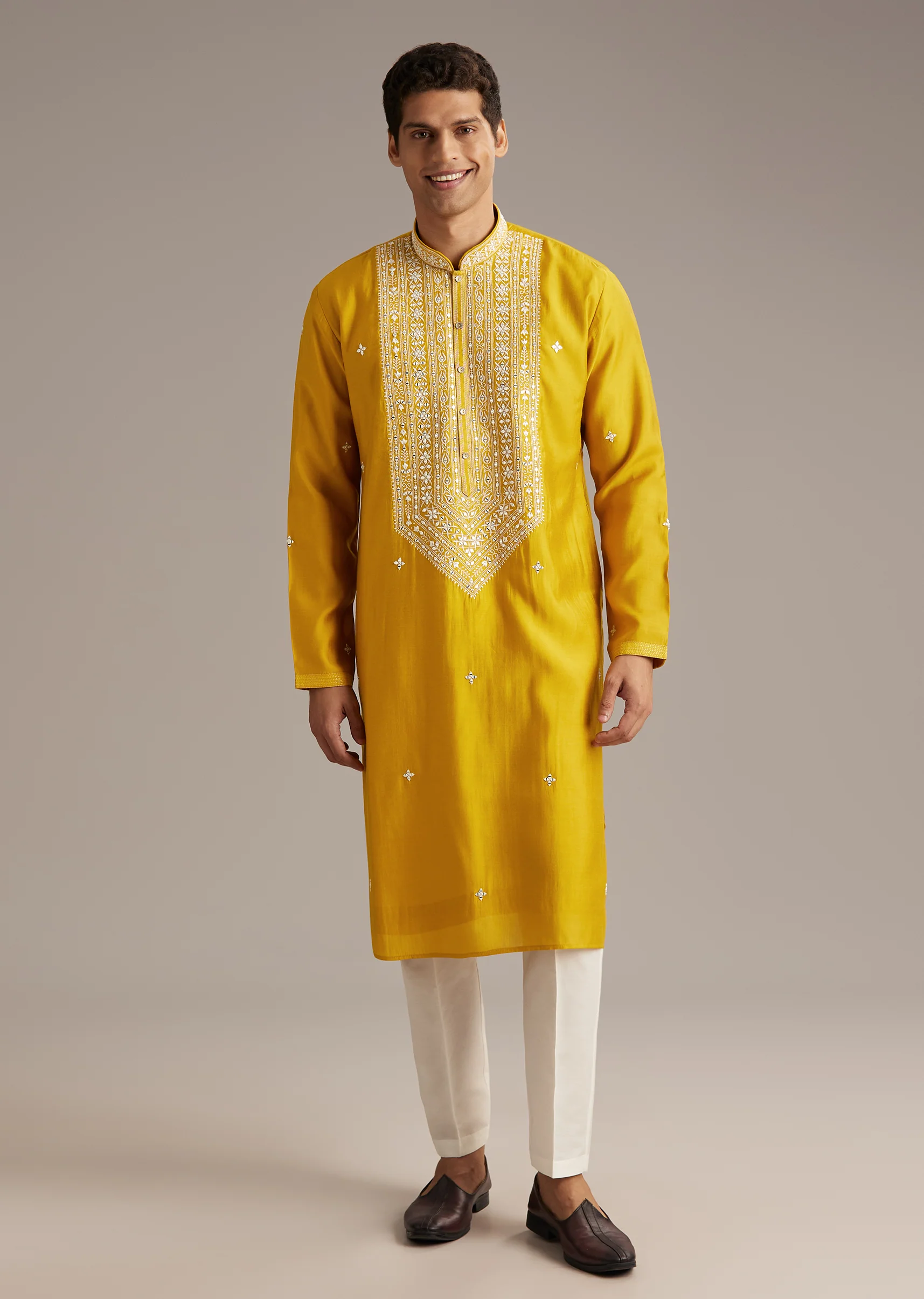 Mustard Yellow Coordinated Attire – Embellished Sharara Suit For Her And Yellow Silk Mirror Work Kurta Set For Him - Image 9
