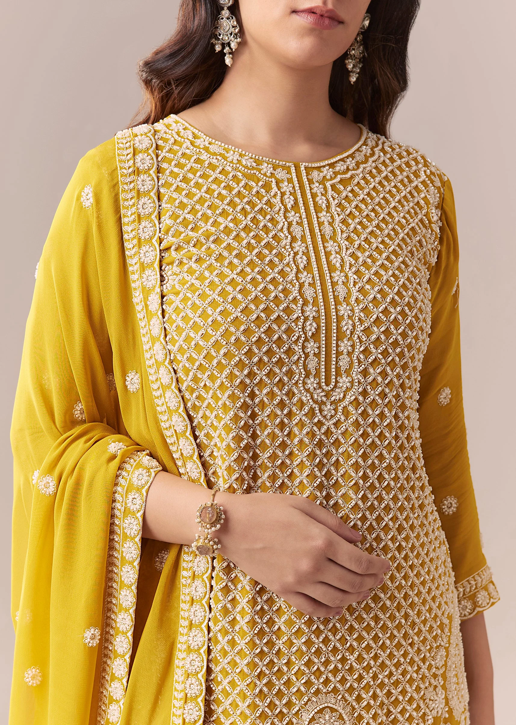 Mustard Yellow Embellished Sharara Suit Set With Dupatta - Image 2
