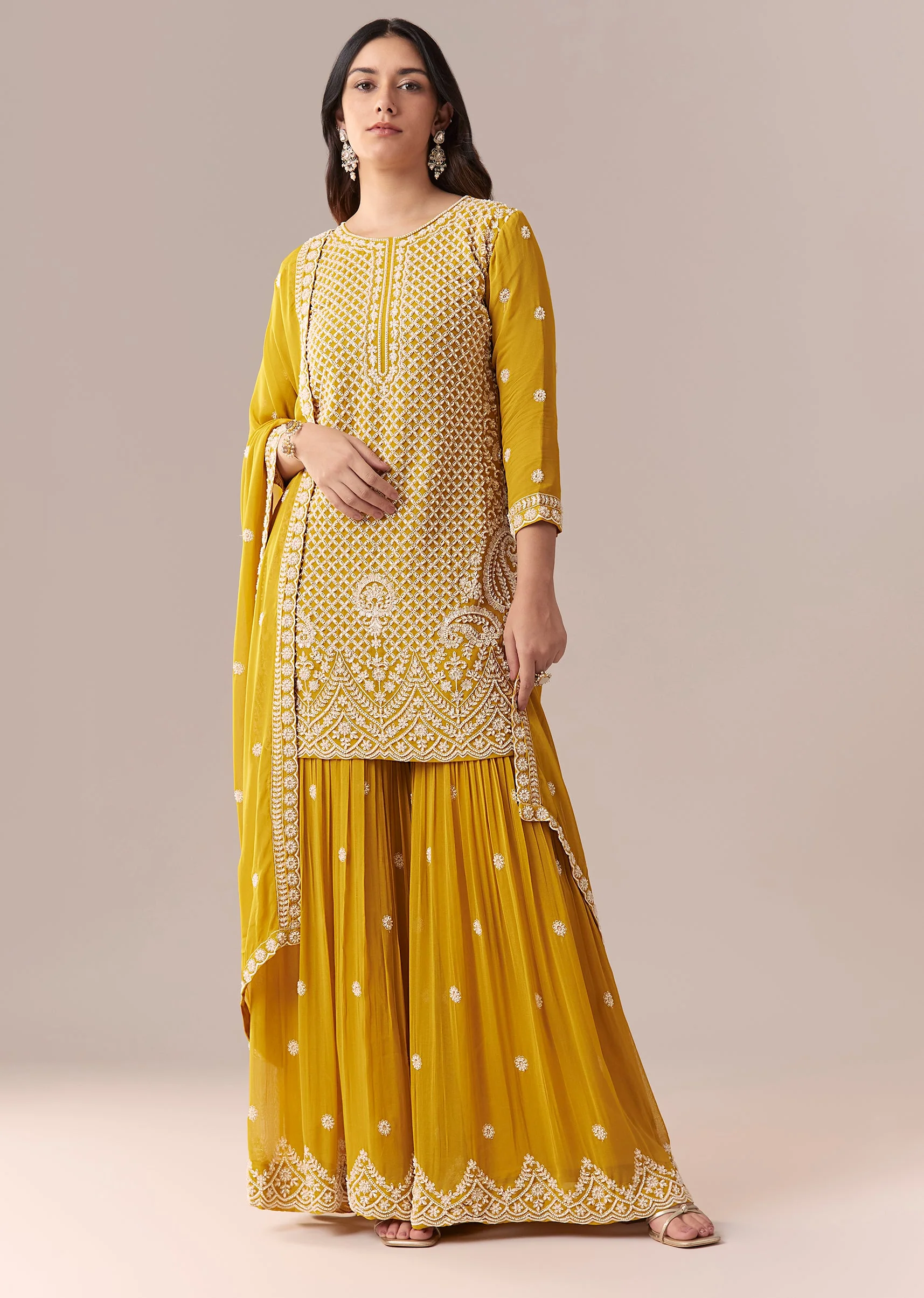 Mustard Yellow Embellished Sharara Suit Set With Dupatta - Image 3