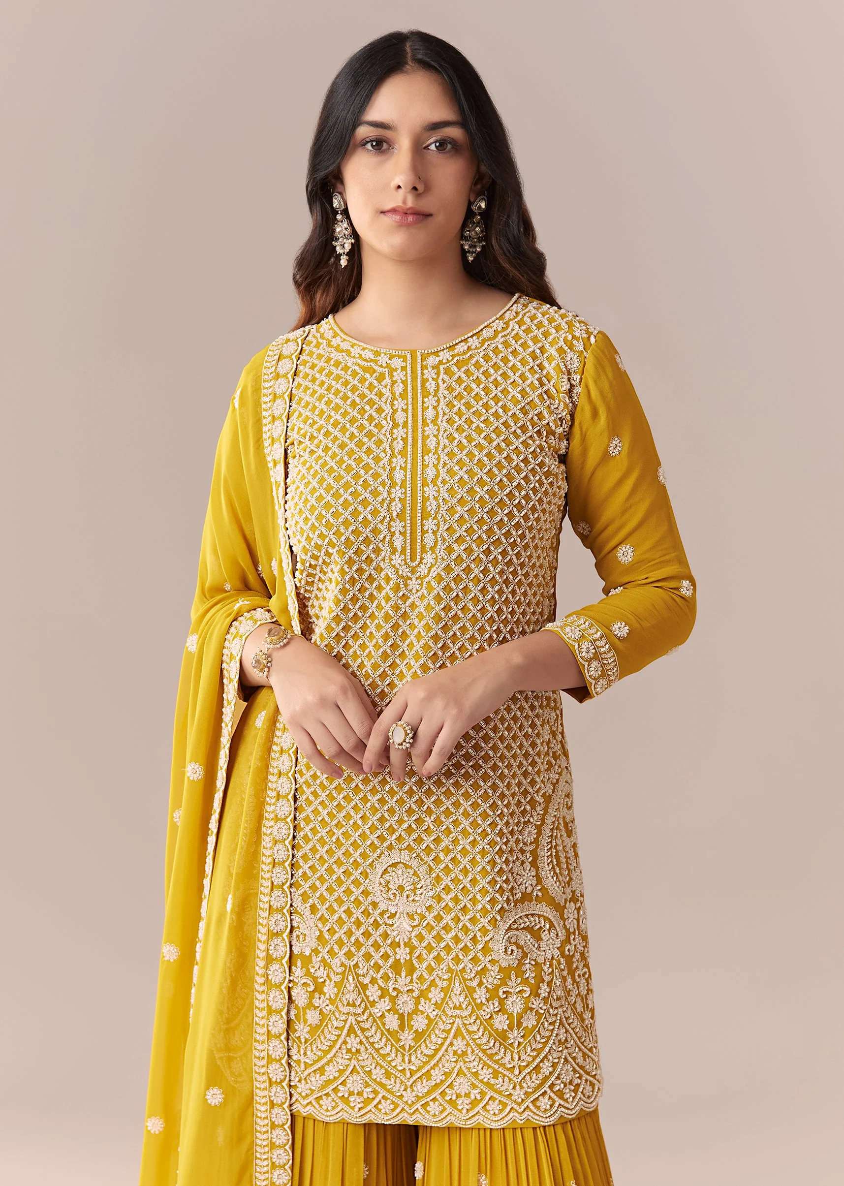 Mustard Yellow Embellished Sharara Suit Set With Dupatta - Image 4