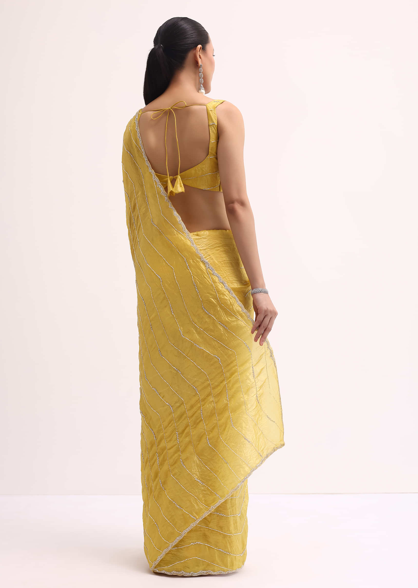 Mustard Yellow Embroidered Crepe Saree With Unstitched Blouse - Image 5