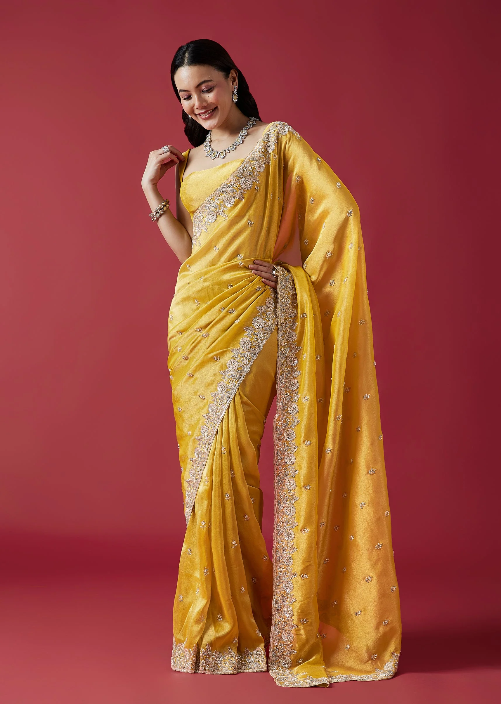 Mustard Yellow Embroidered Tissue Silk Saree With Cutwork Border - Image 3