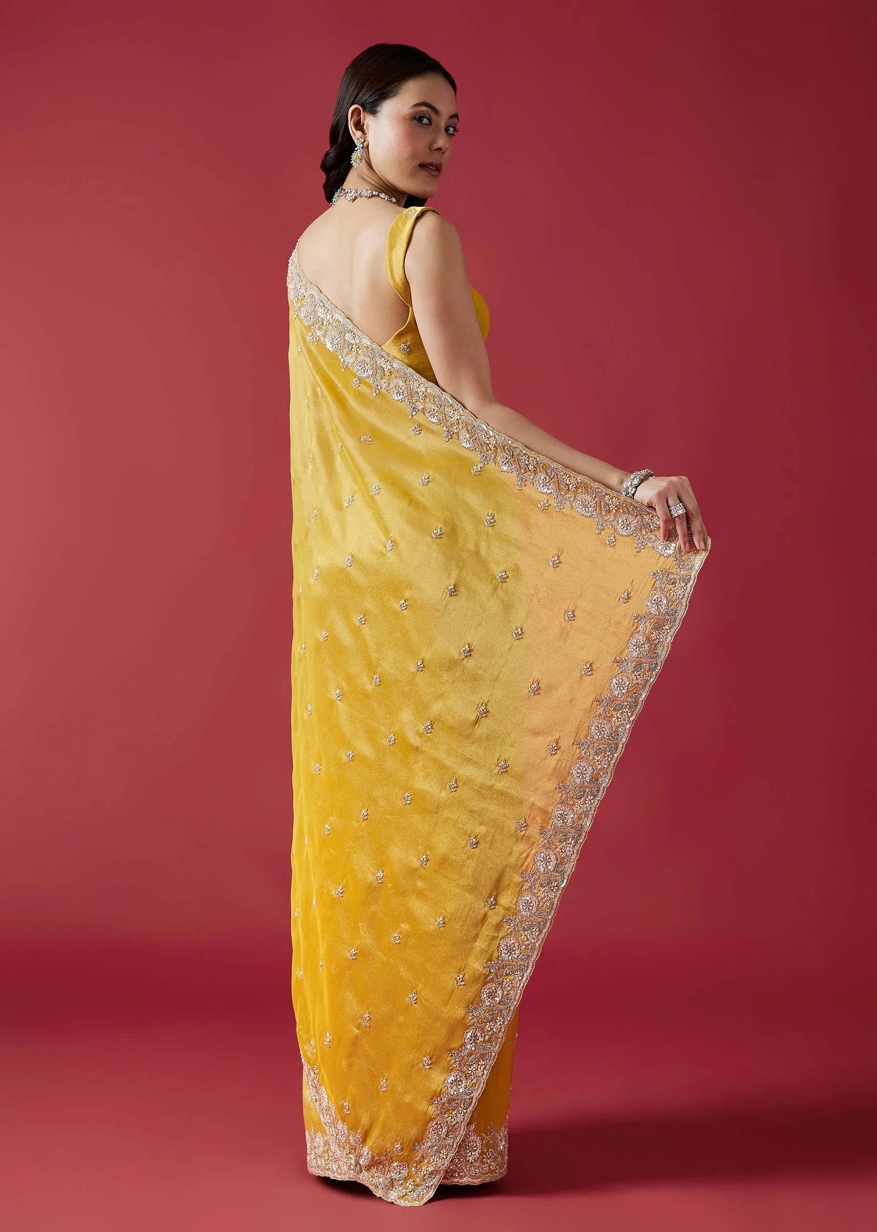 Mustard Yellow Embroidered Tissue Silk Saree With Cutwork Border - Image 4