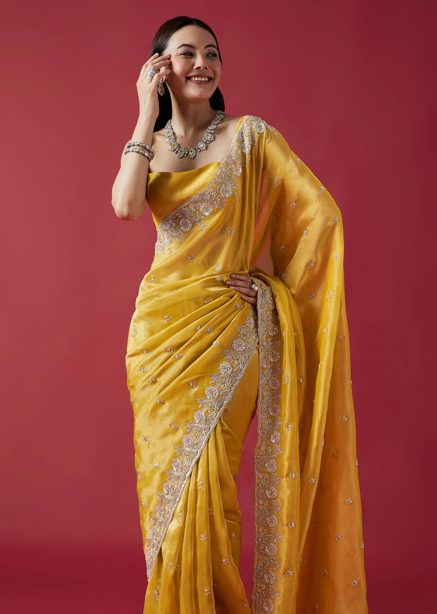 Mustard Yellow Embroidered Tissue Silk Saree With Cutwork Border - Image 5