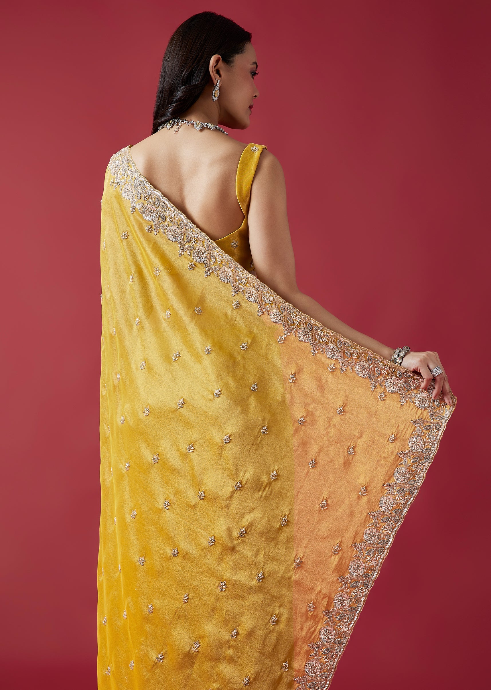Mustard Yellow Embroidered Tissue Silk Saree With Cutwork Border - Image 6