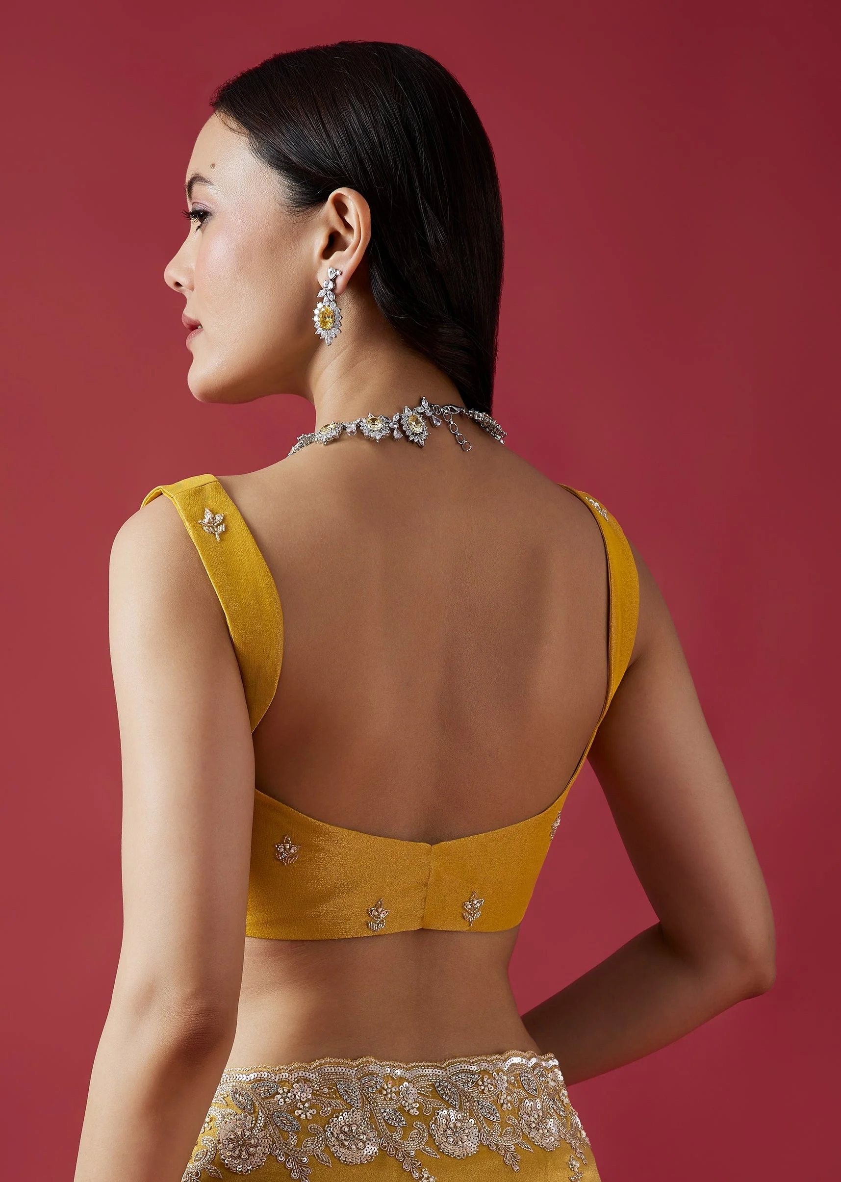 Mustard Yellow Embroidered Tissue Silk Saree With Cutwork Border - Image 8