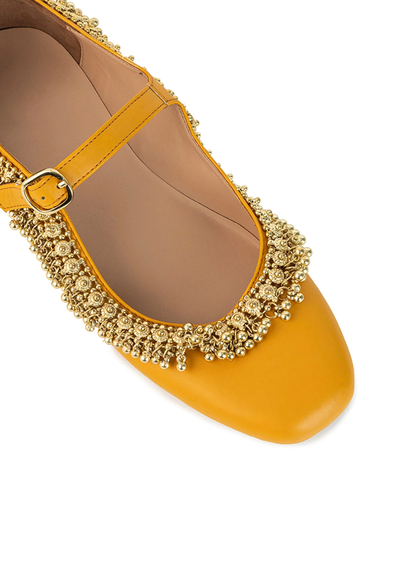 Mustard Yellow Faux Leather Bead Embellished Juttis - Image 3