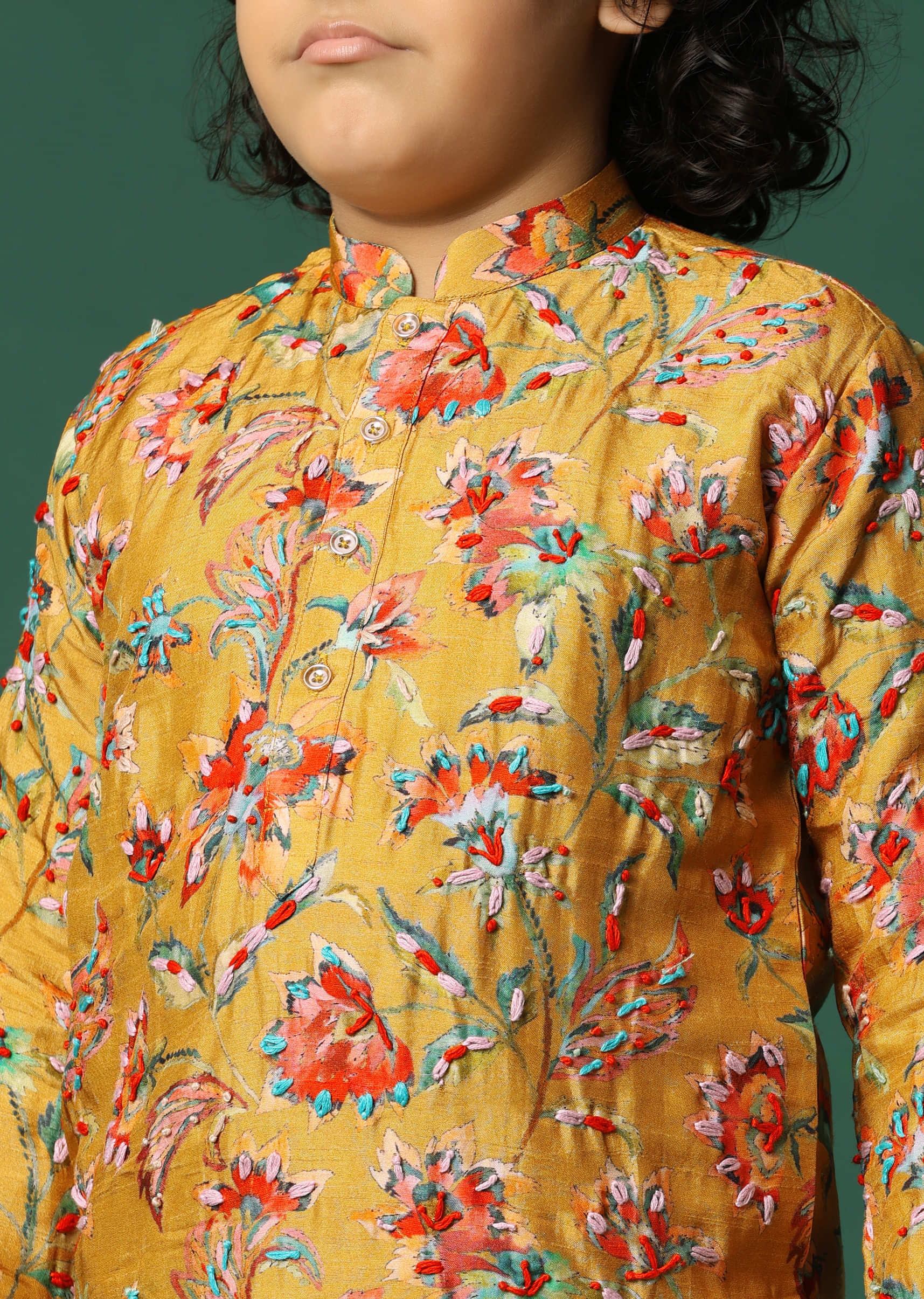 Mustard Yellow Floral Kurta Pant With Resham Work For Boys - Image 4