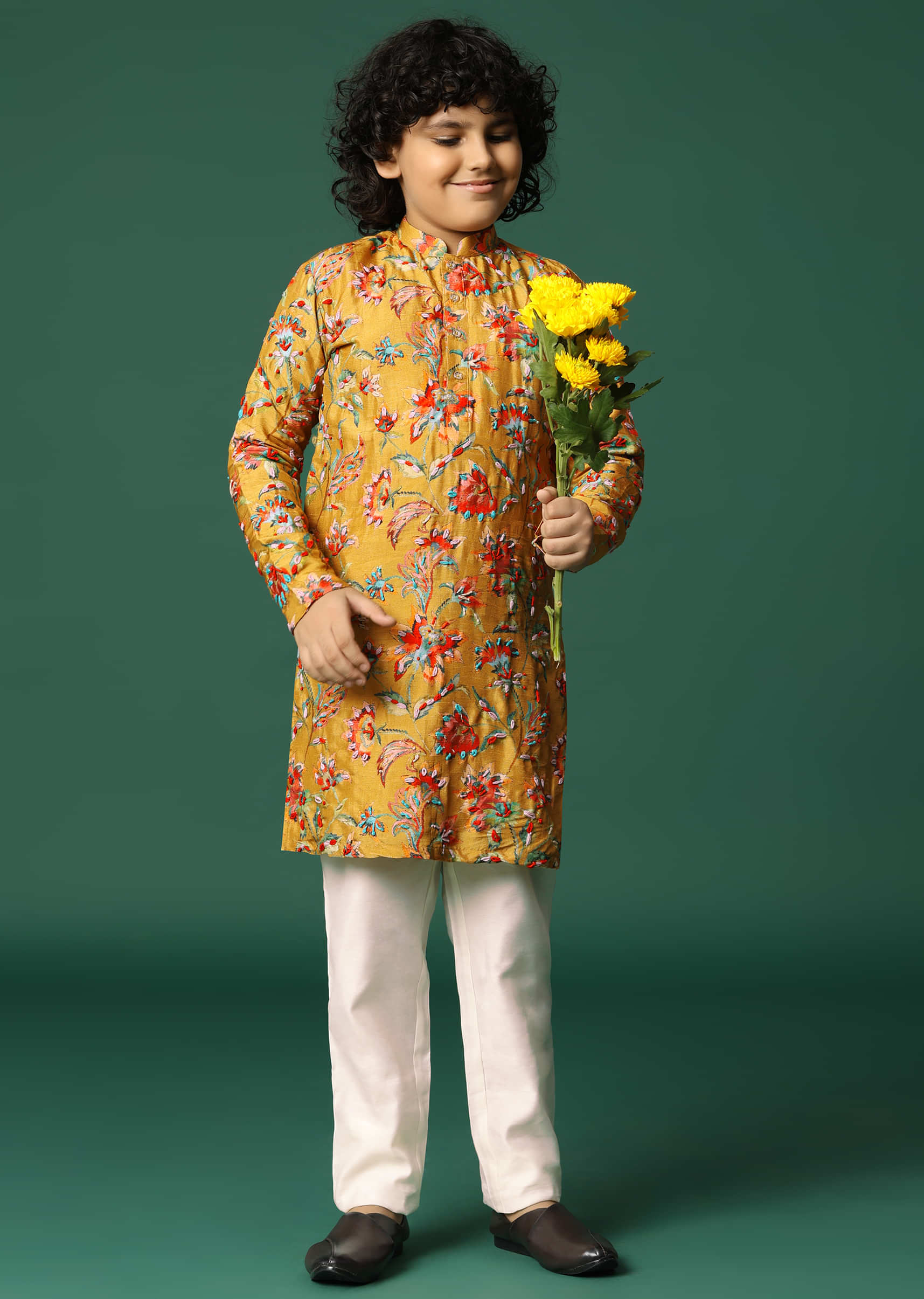 Mustard Yellow Floral Kurta Pant With Resham Work For Boys - Image 5