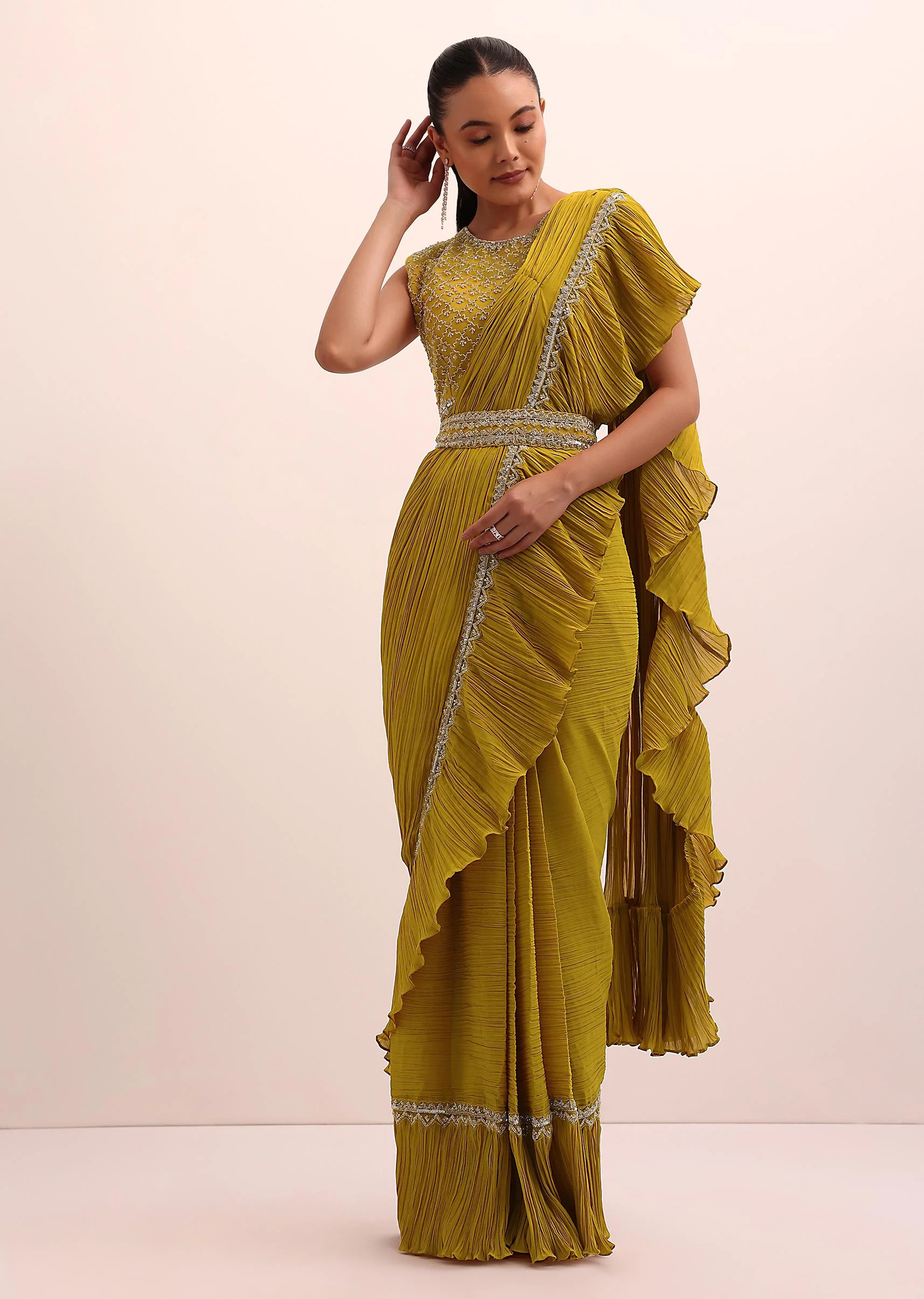Mustard Yellow Georgette Pre Stitched Frill Saree With Embellished Blouse - Image 3
