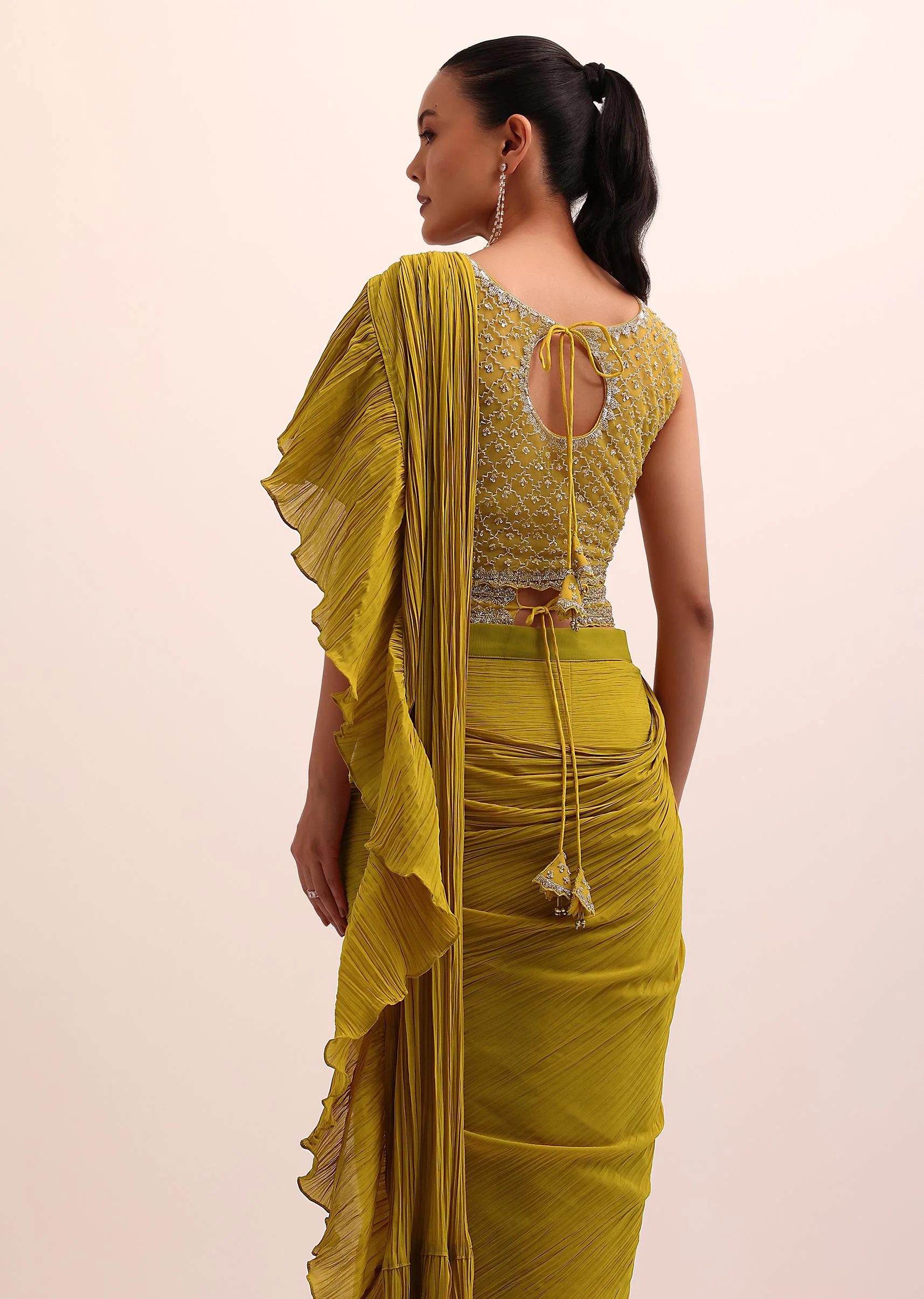 Mustard Yellow Georgette Pre Stitched Frill Saree With Embellished Blouse - Image 4