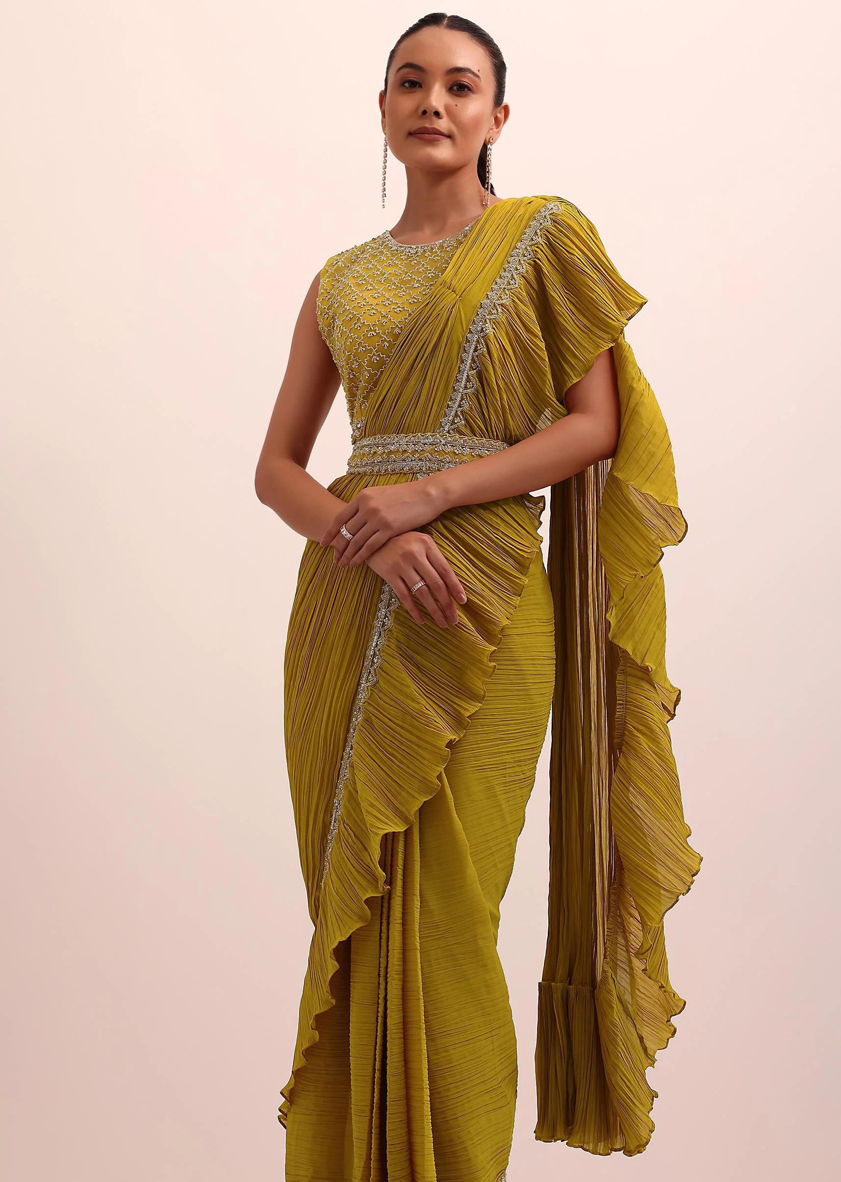 Mustard Yellow Georgette Pre Stitched Frill Saree With Embellished Blouse - Image 5