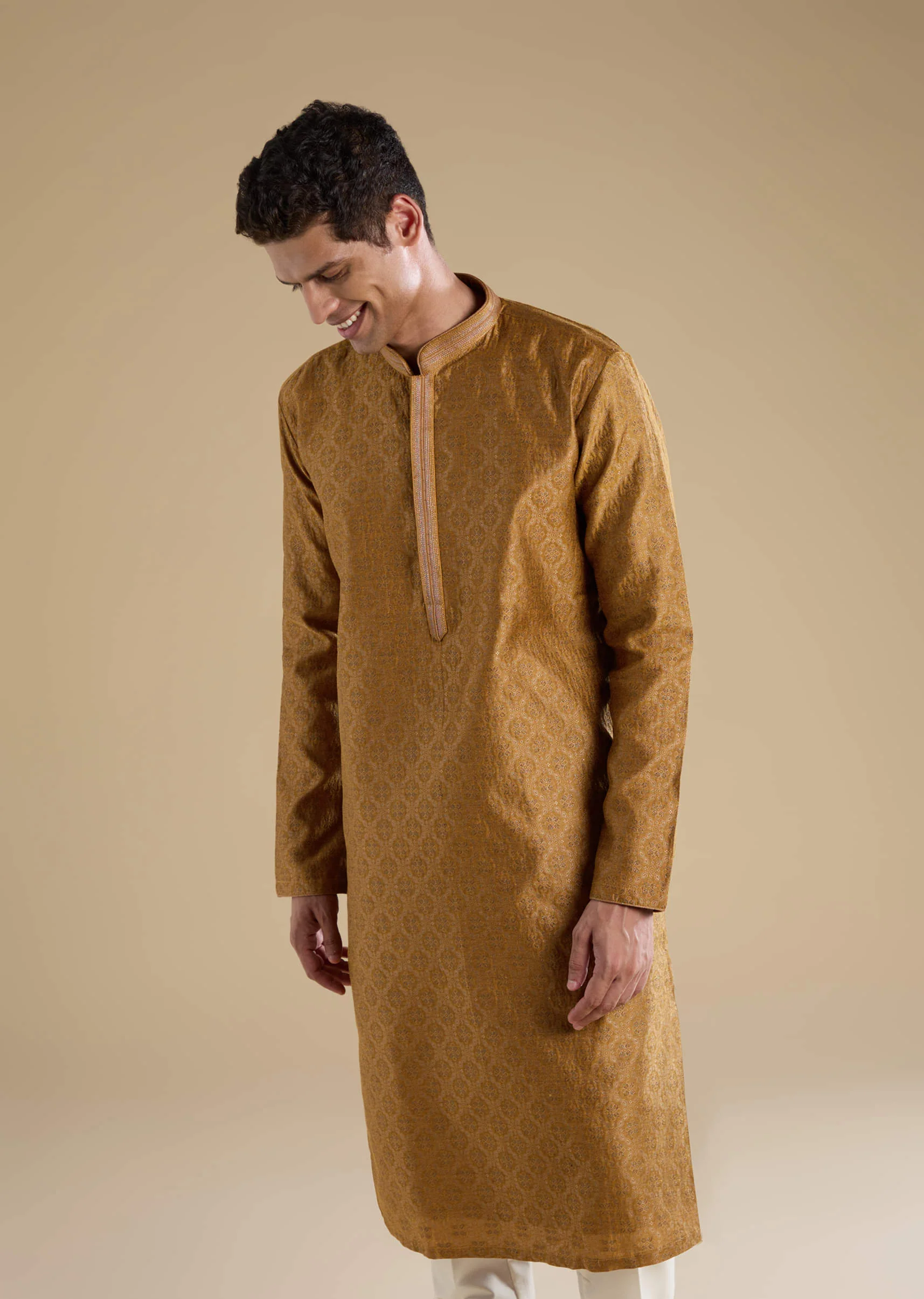 Mustard Yellow Jacquard Kurta Set - Image 3