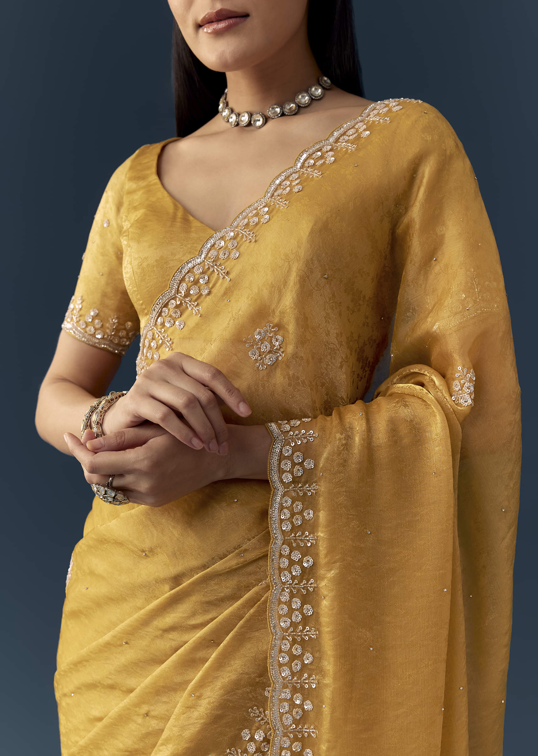 Mustard Yellow Jacquard Printed Tissue Saree with Unstitched Blouse - Image 2