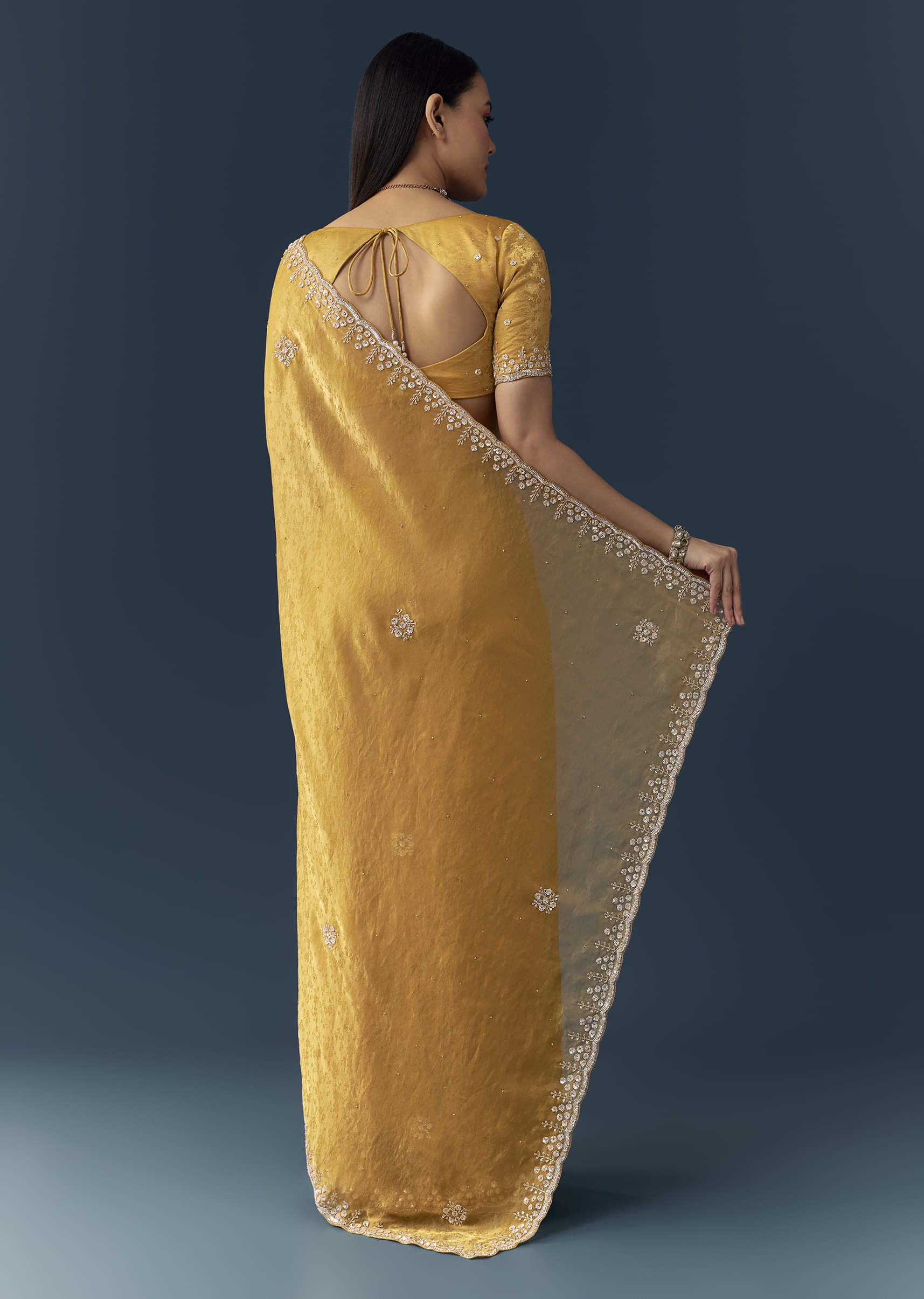 Mustard Yellow Jacquard Printed Tissue Saree with Unstitched Blouse - Image 4