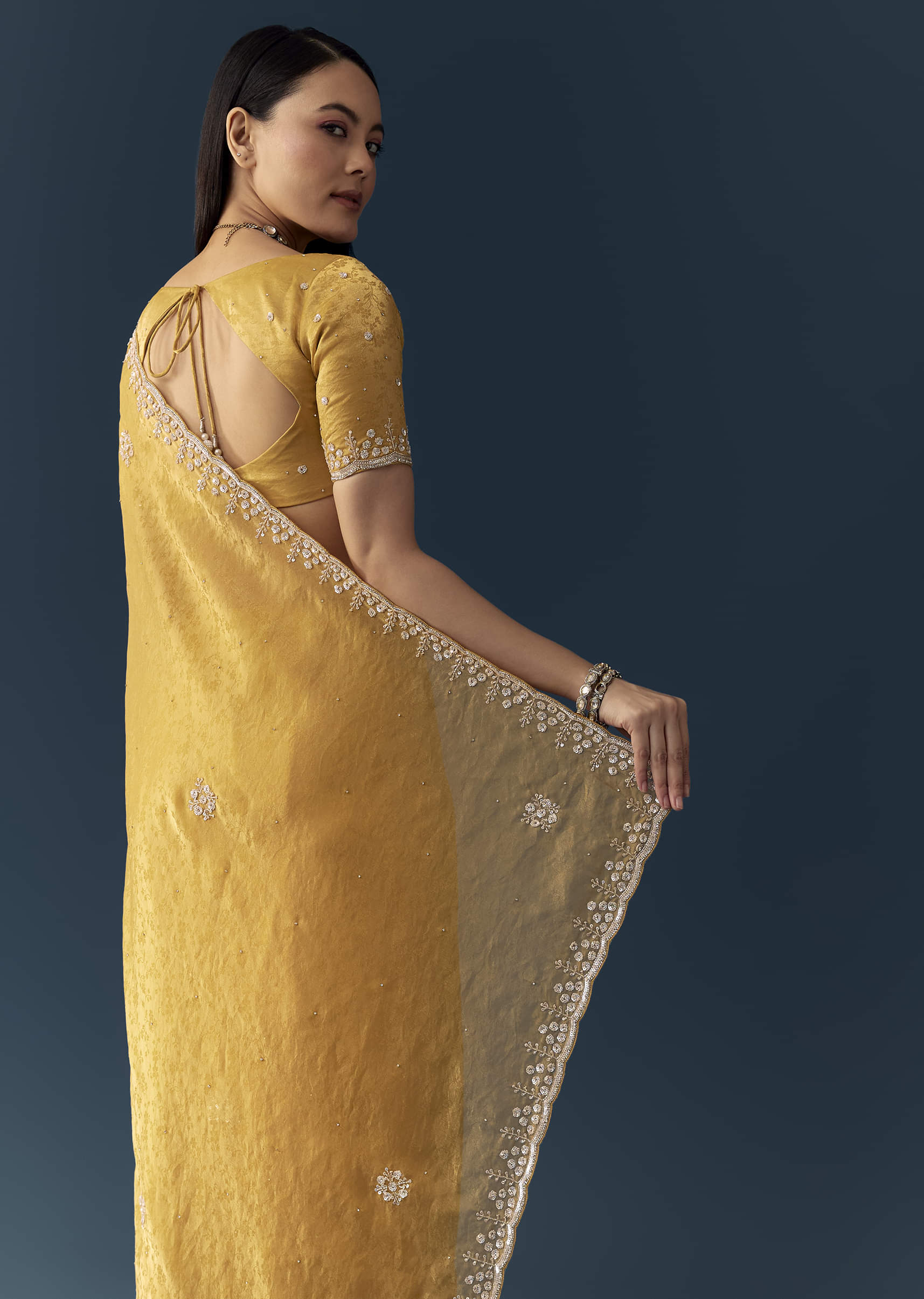Mustard Yellow Jacquard Printed Tissue Saree with Unstitched Blouse - Image 6