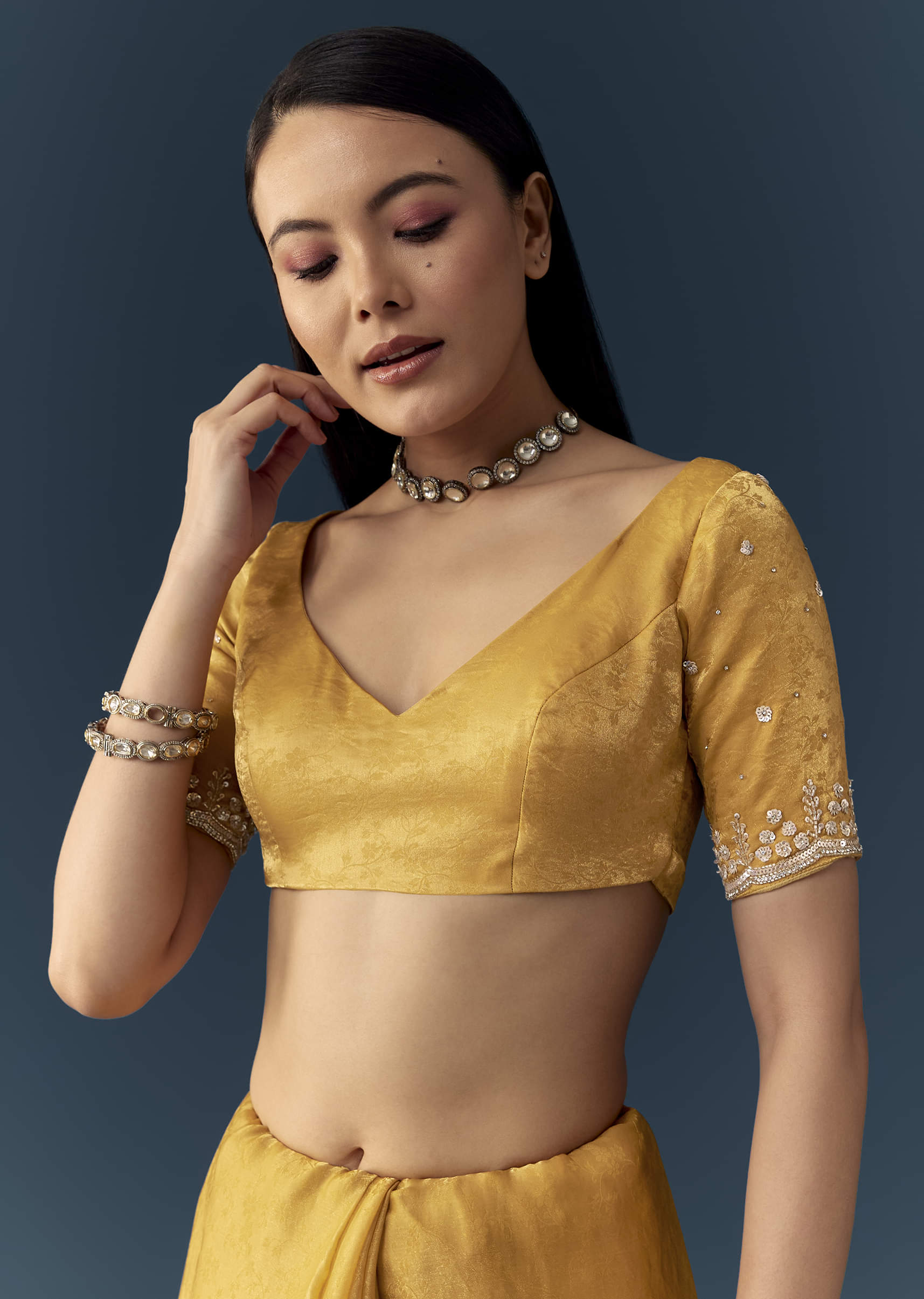 Mustard Yellow Jacquard Printed Tissue Saree with Unstitched Blouse - Image 7