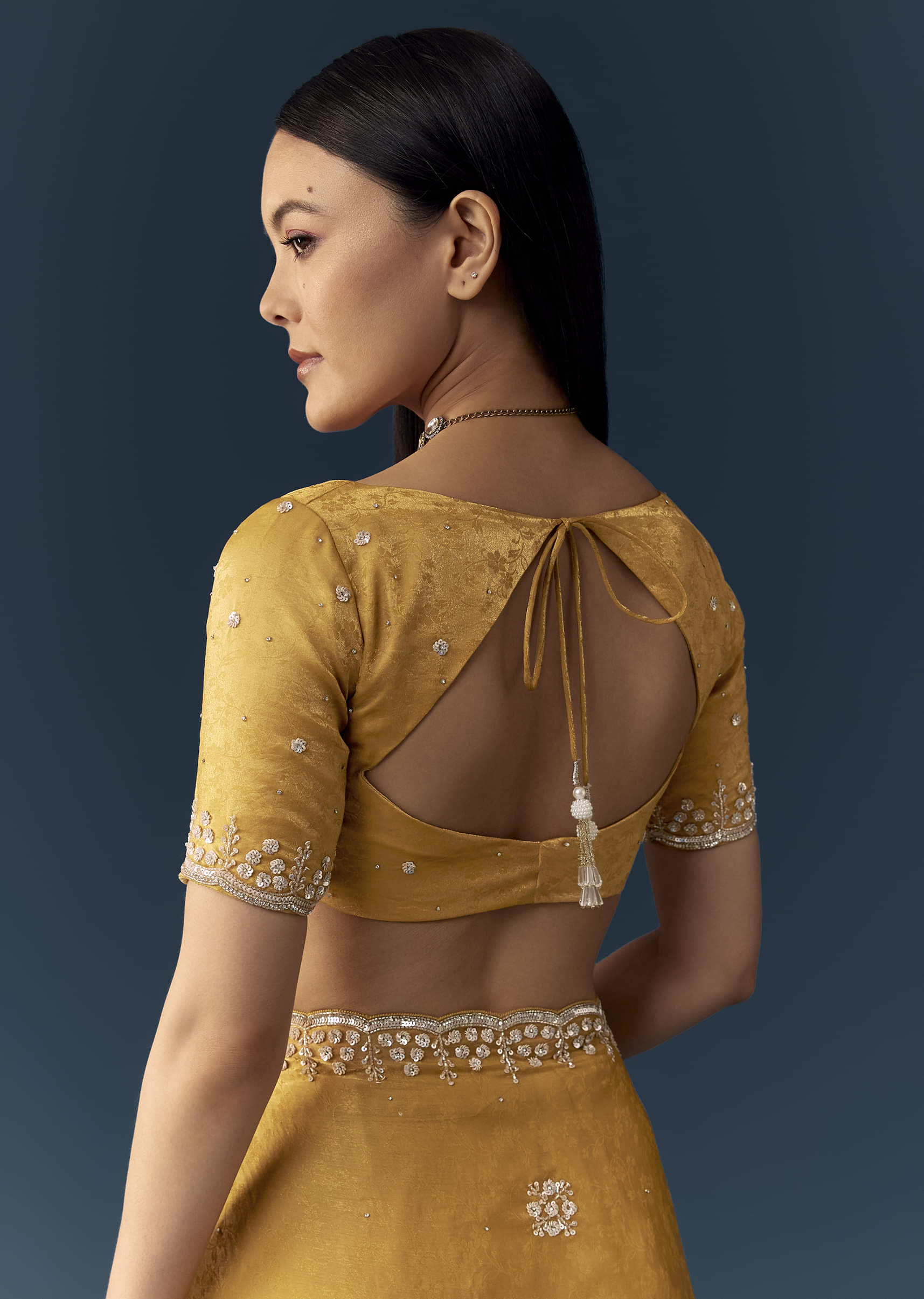 Mustard Yellow Jacquard Printed Tissue Saree with Unstitched Blouse - Image 8