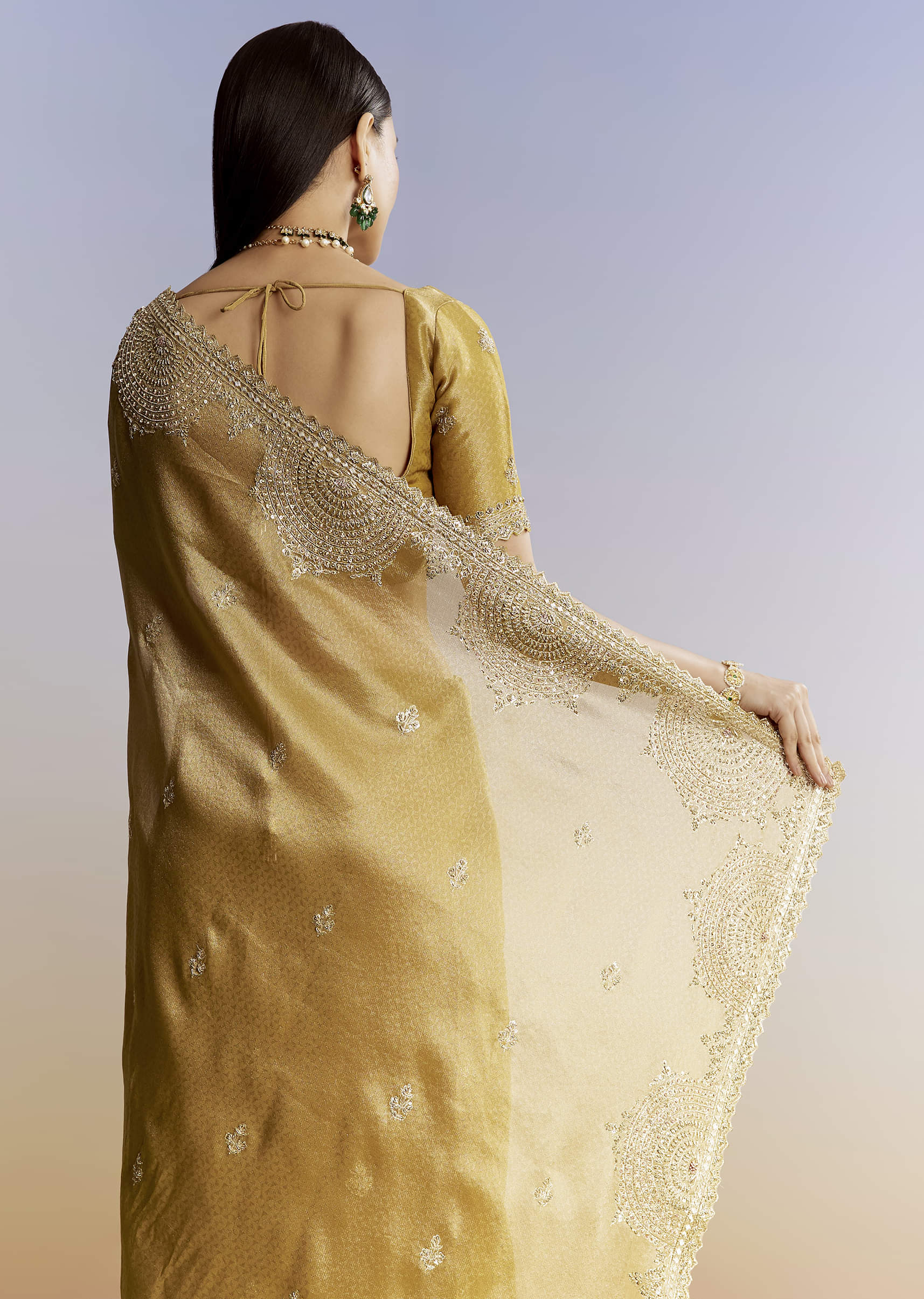Mustard Yellow Jacquard Tissue Saree With Zigzag Zardosi Work - Image 6