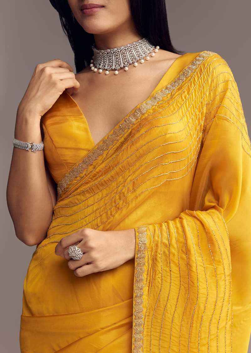 Mustard Yellow Organza Saree With Scallop Border And Stone Work - Image 3