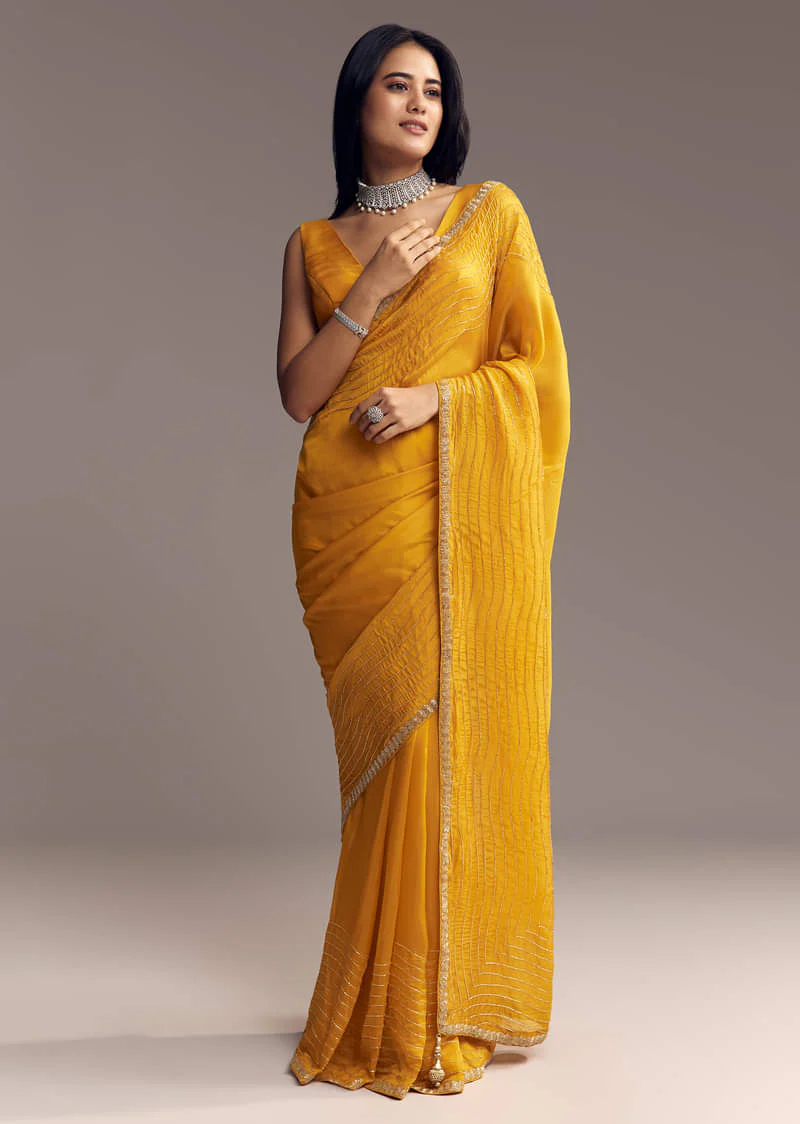 Mustard Yellow Organza Saree With Scallop Border And Stone Work - Image 5