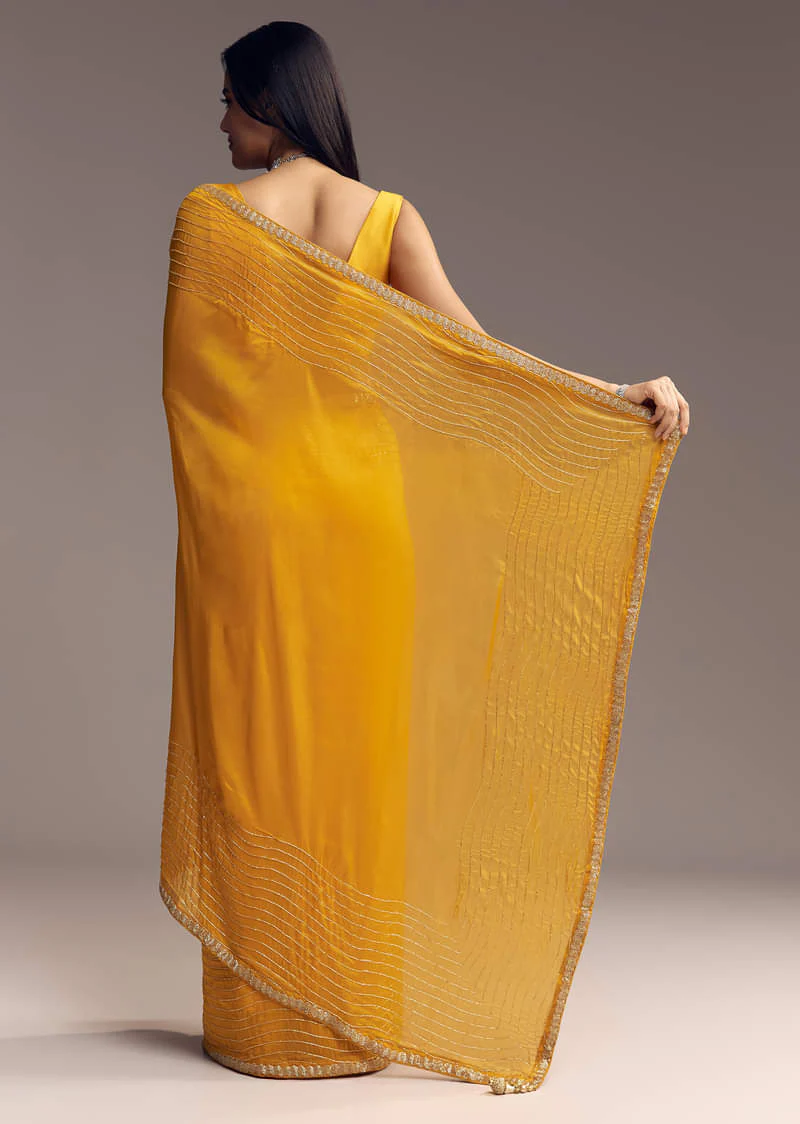 Mustard Yellow Organza Saree With Scallop Border And Stone Work - Image 6