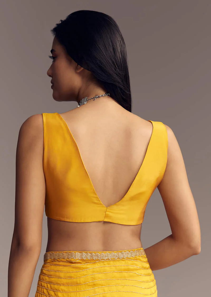Mustard Yellow Organza Saree With Scallop Border And Stone Work - Image 8