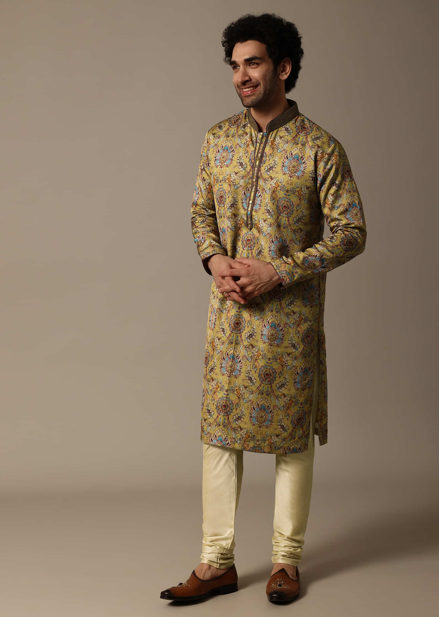 Mustard Yellow Printed Silk Kurta Set For Men