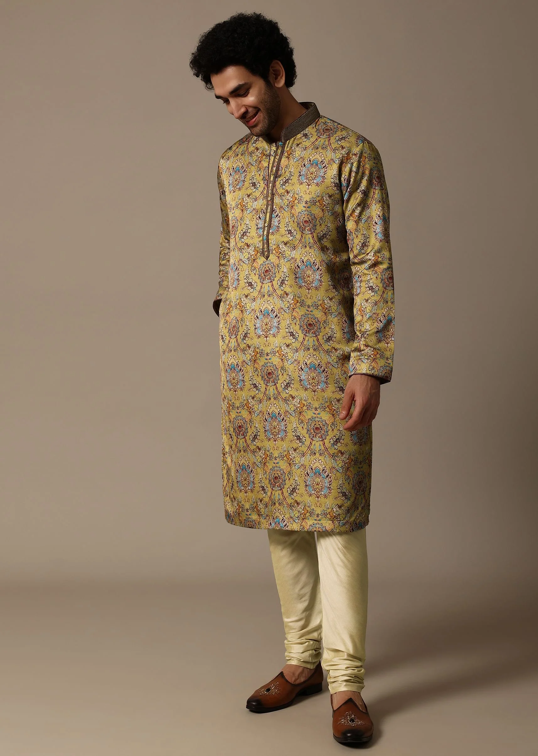 Mustard Yellow Printed Silk Kurta Set For Men - Image 3
