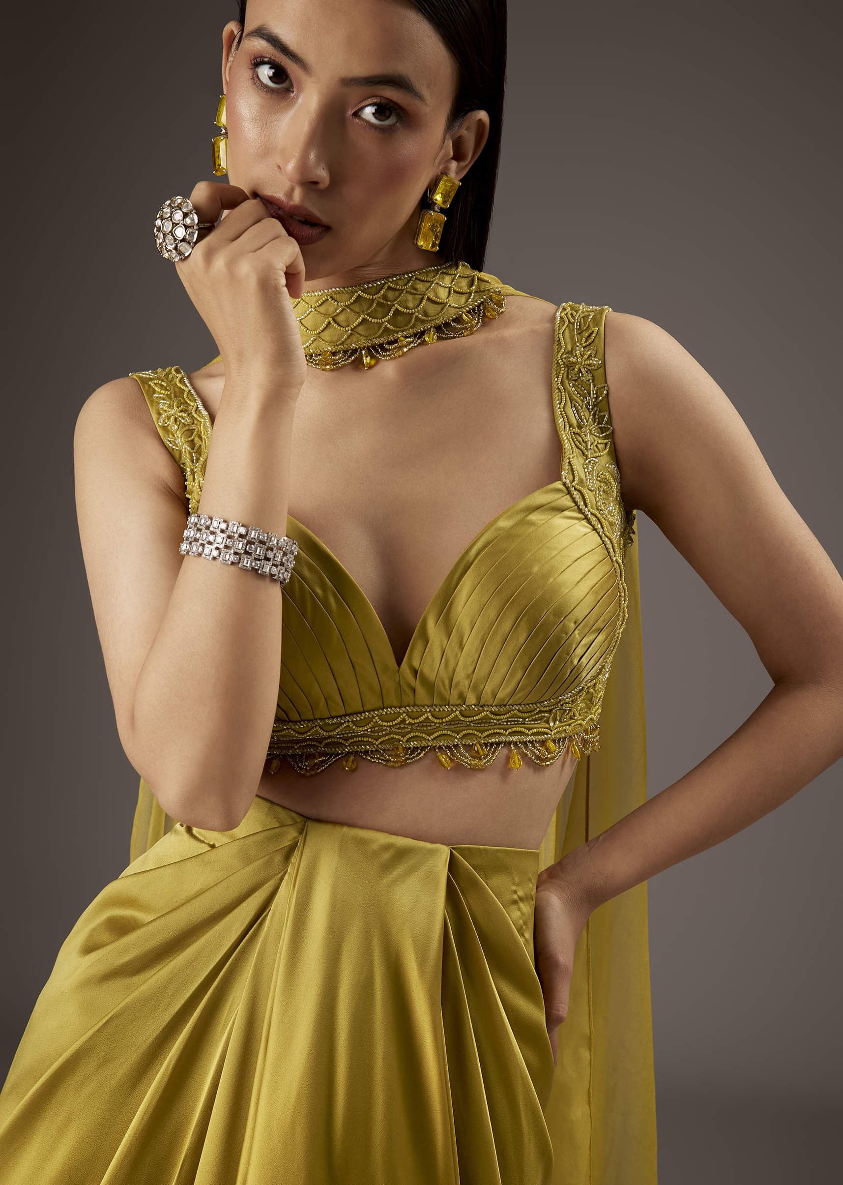 Mustard Yellow Satin Crop Top Skirt With Heavy Embroidery - Image 3