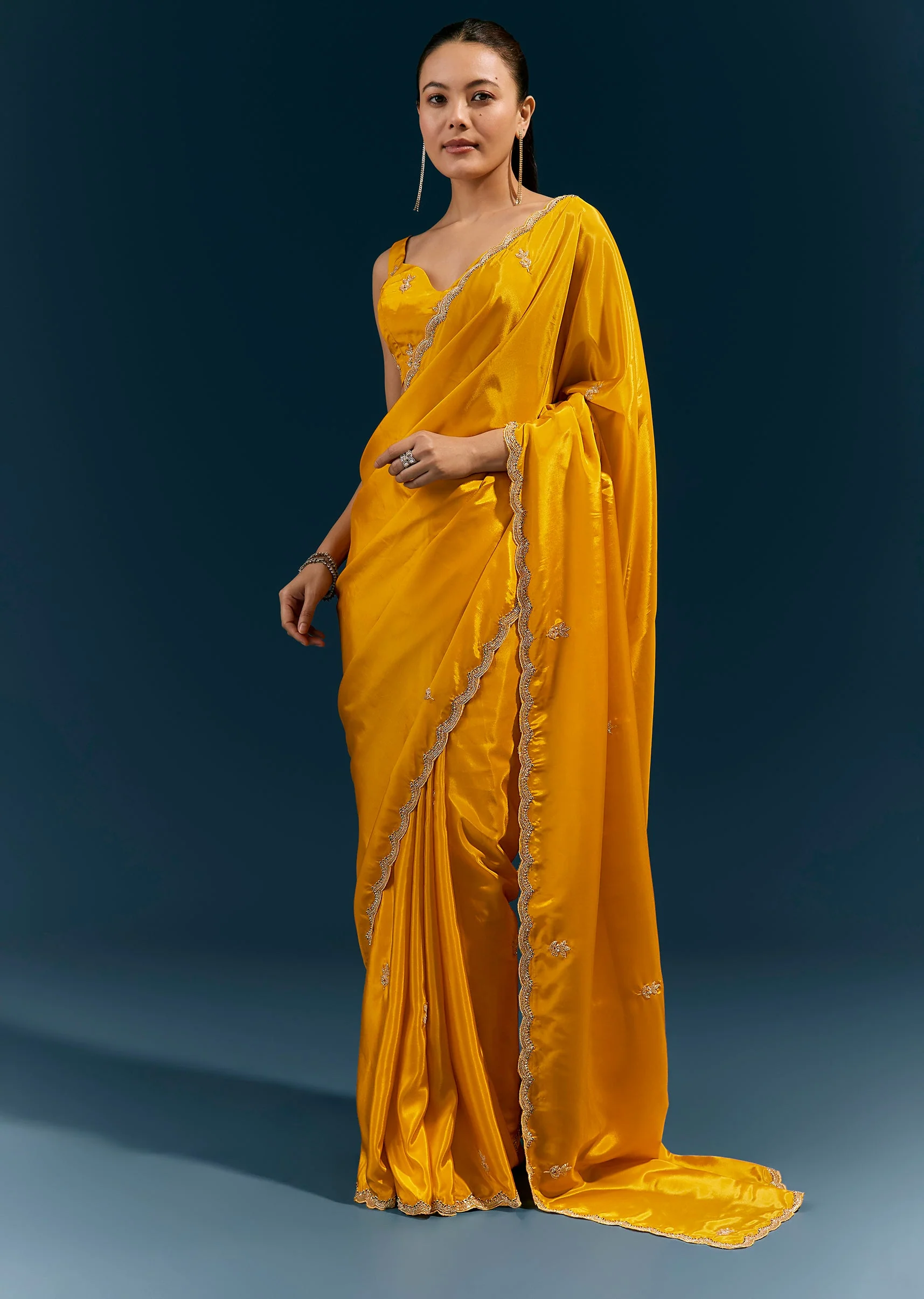 Mustard Yellow Satin Saree With Scalloped Embroidered Border And Butti - Image 3