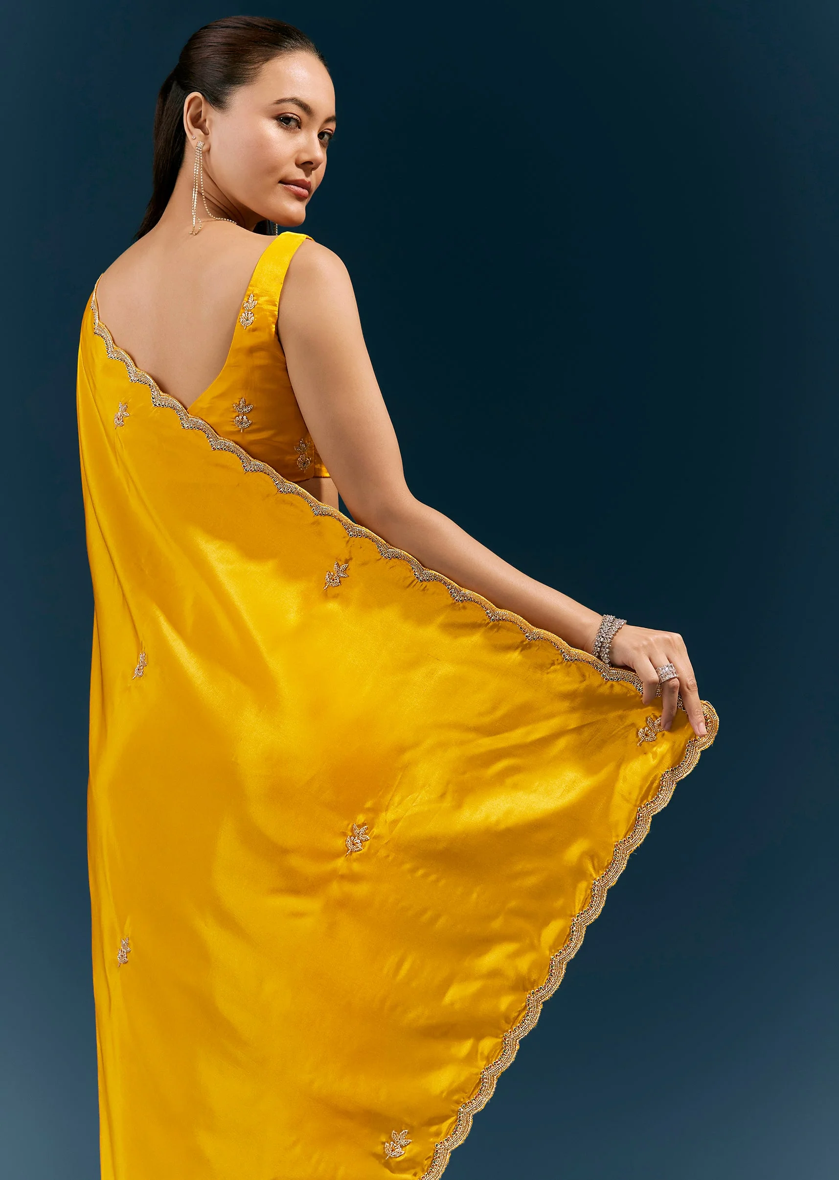Mustard Yellow Satin Saree With Scalloped Embroidered Border And Butti - Image 6
