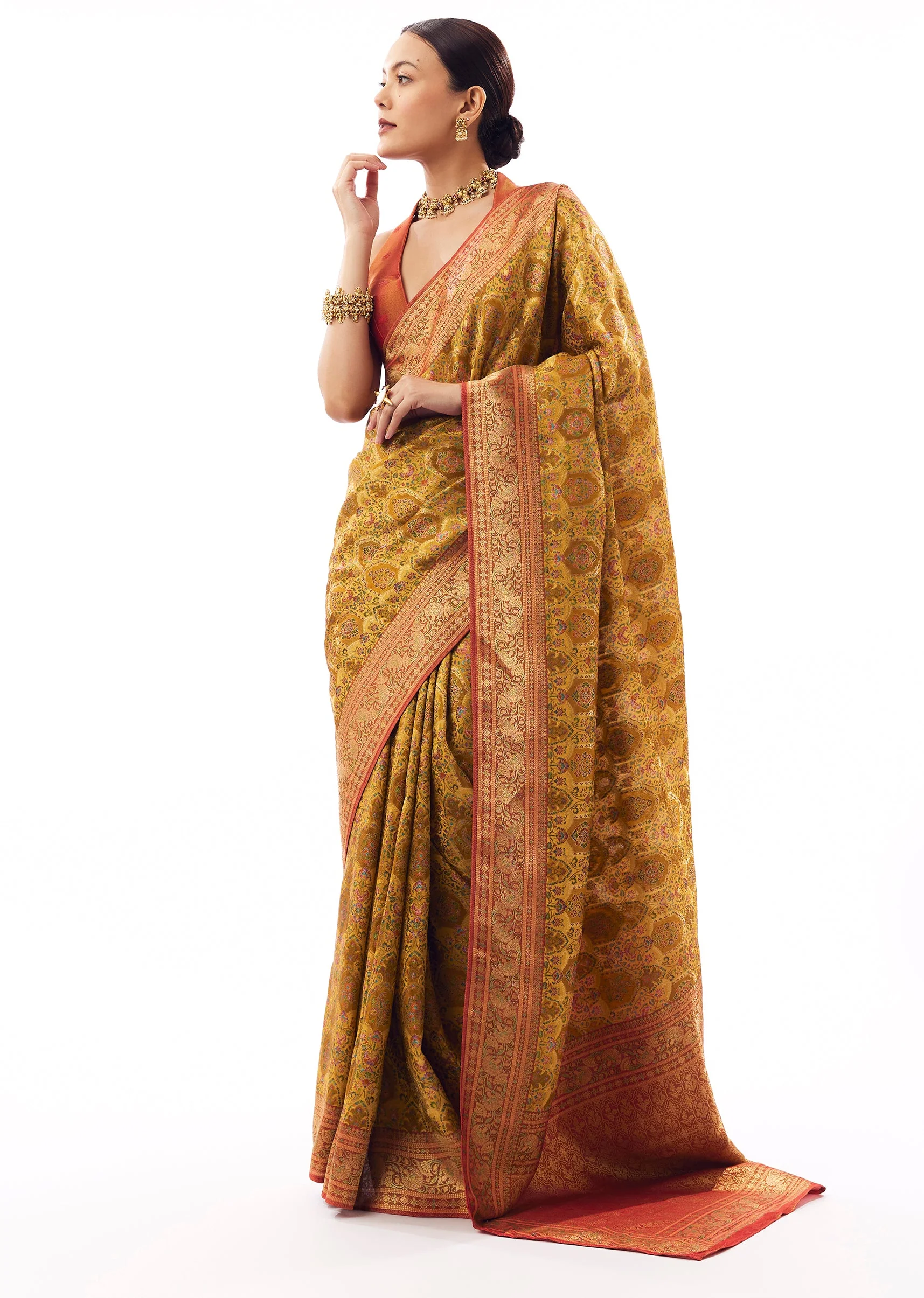 Mustard Yellow Satin Silk Woven Saree