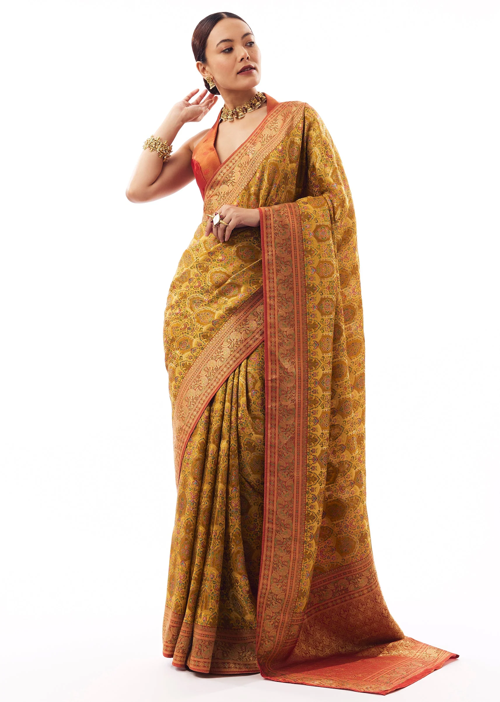 Mustard Yellow Satin Silk Woven Saree - Image 3