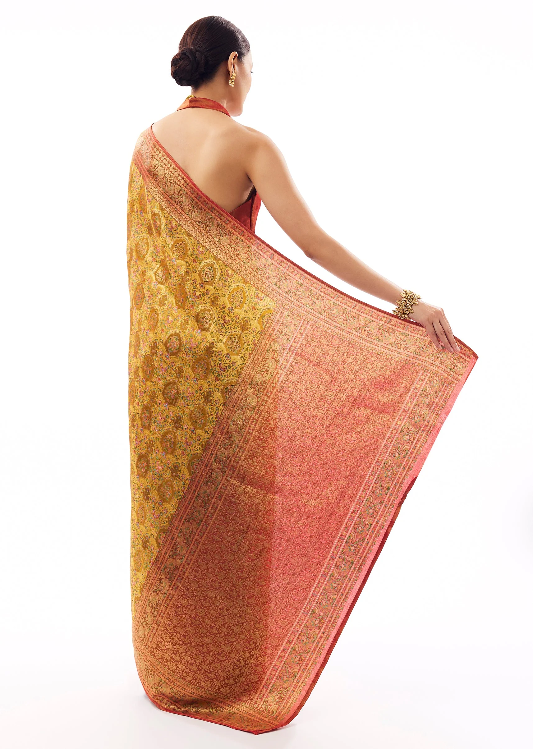 Mustard Yellow Satin Silk Woven Saree - Image 4