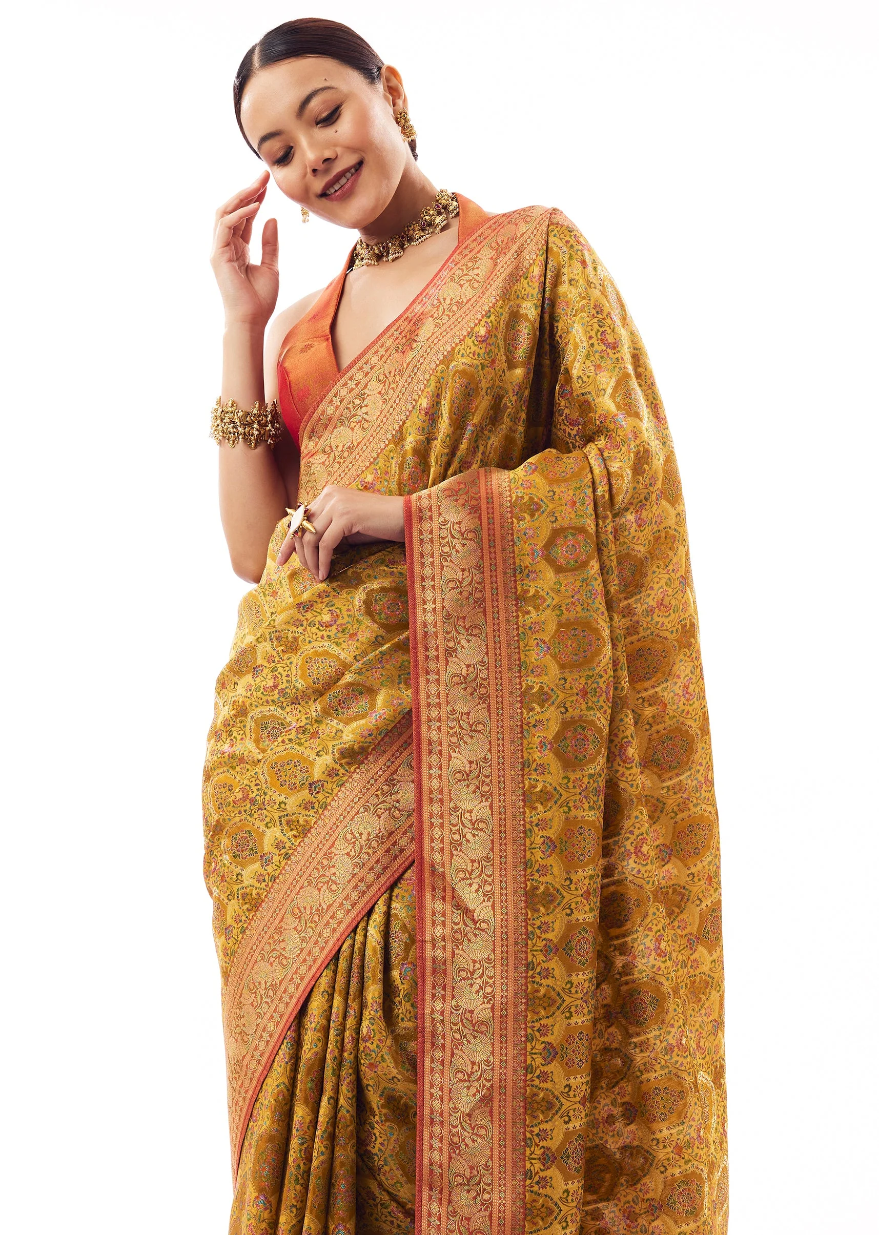 Mustard Yellow Satin Silk Woven Saree - Image 5