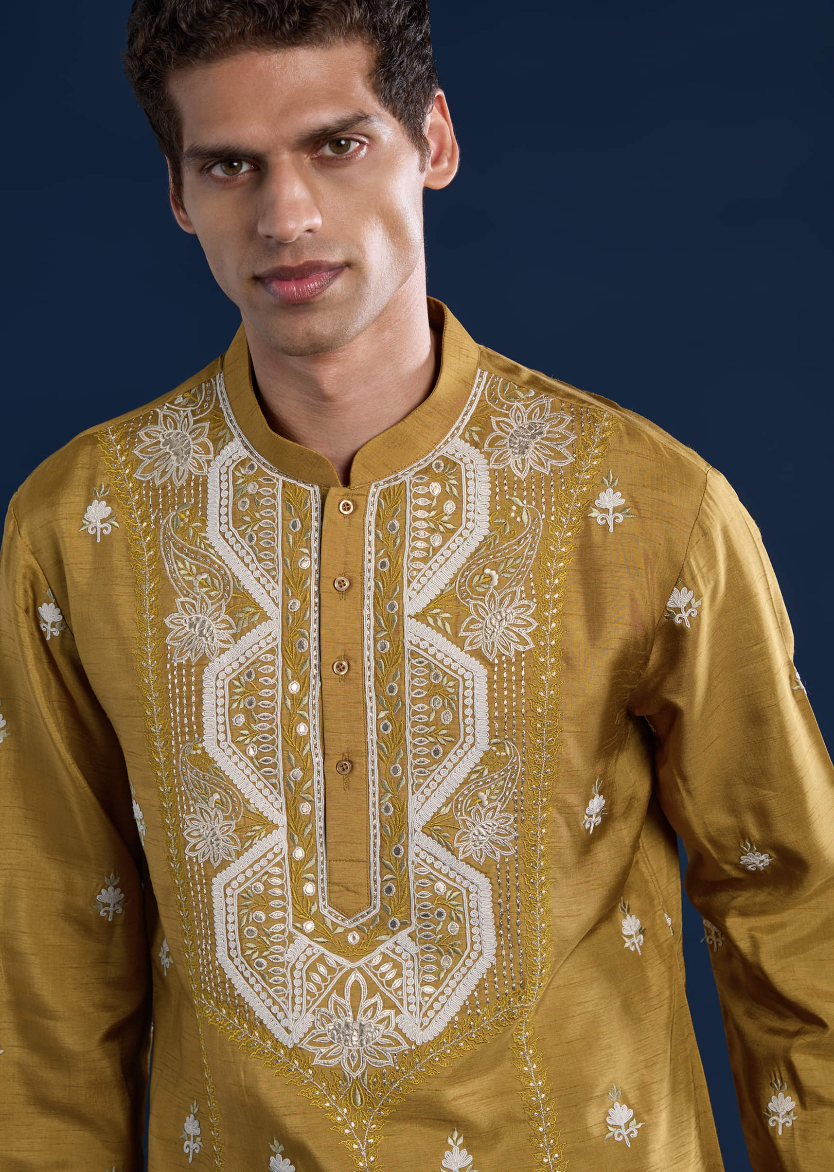 Mustard Yellow Silk Blend Embroidered Mens Kurta Set with Dupatta - Image 4