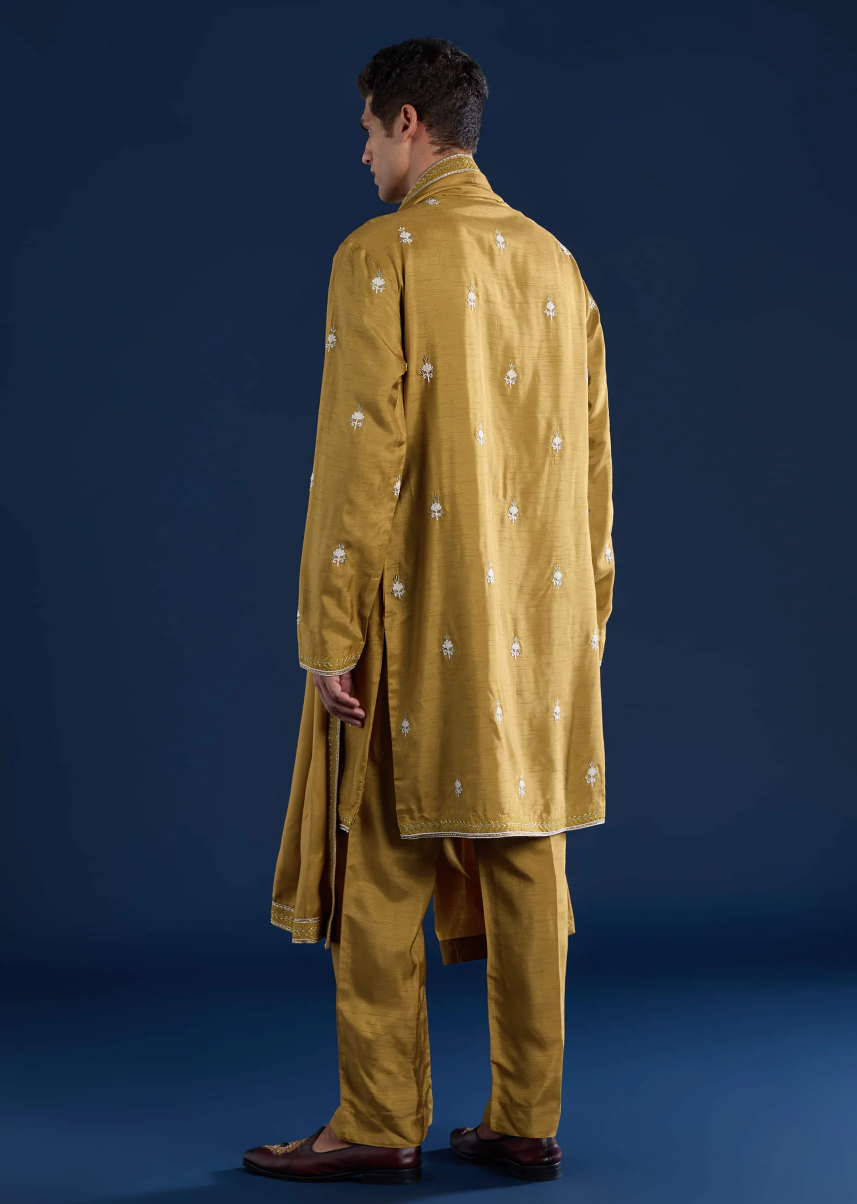 Mustard Yellow Silk Blend Embroidered Mens Kurta Set with Dupatta - Image 5