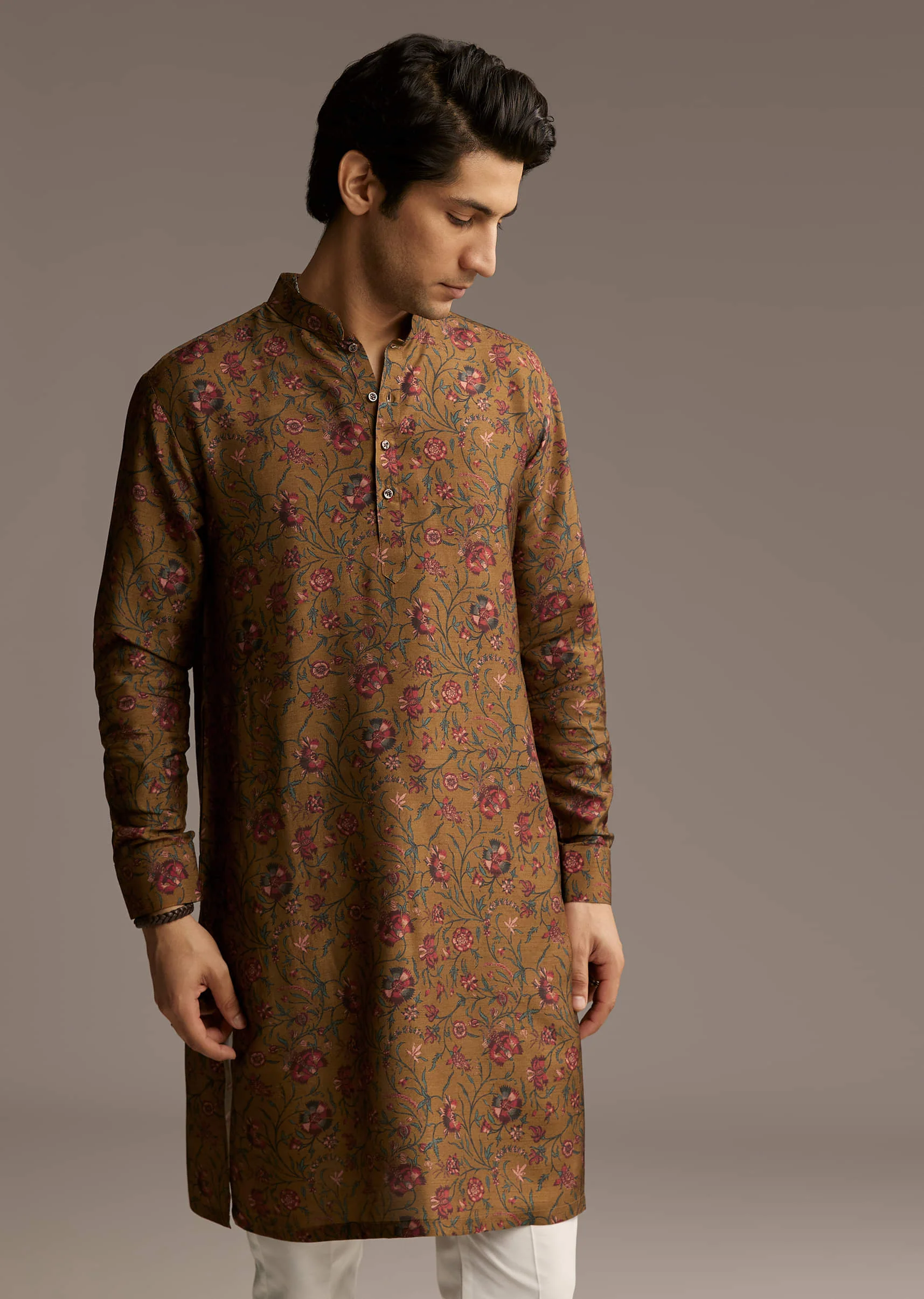 Mustard Yellow Silk Designer Kurta For Men With Vintage Floral Print - Image 4