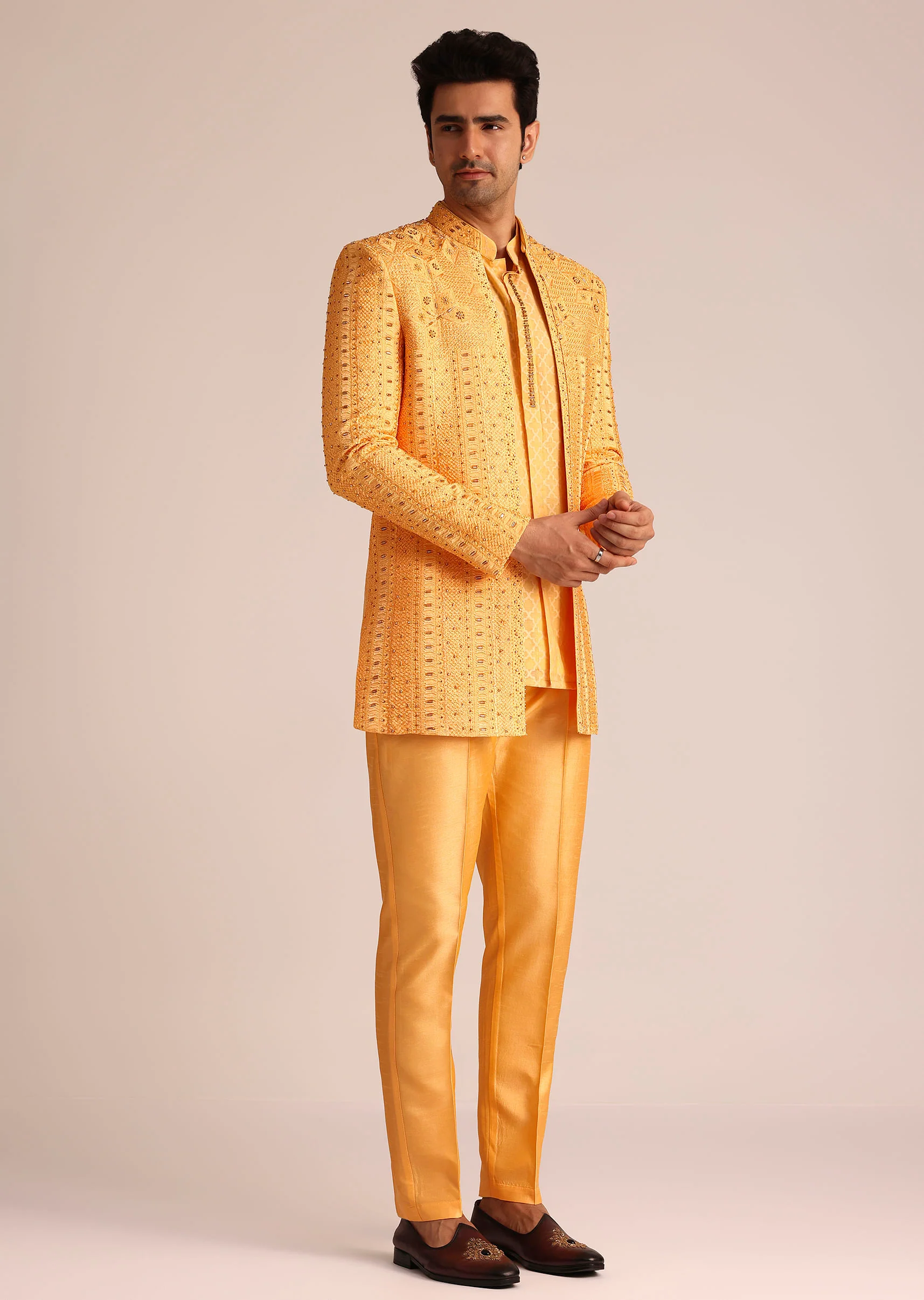 Mustard Yellow Silk Indo Western Set With Zardosi Work - Image 4