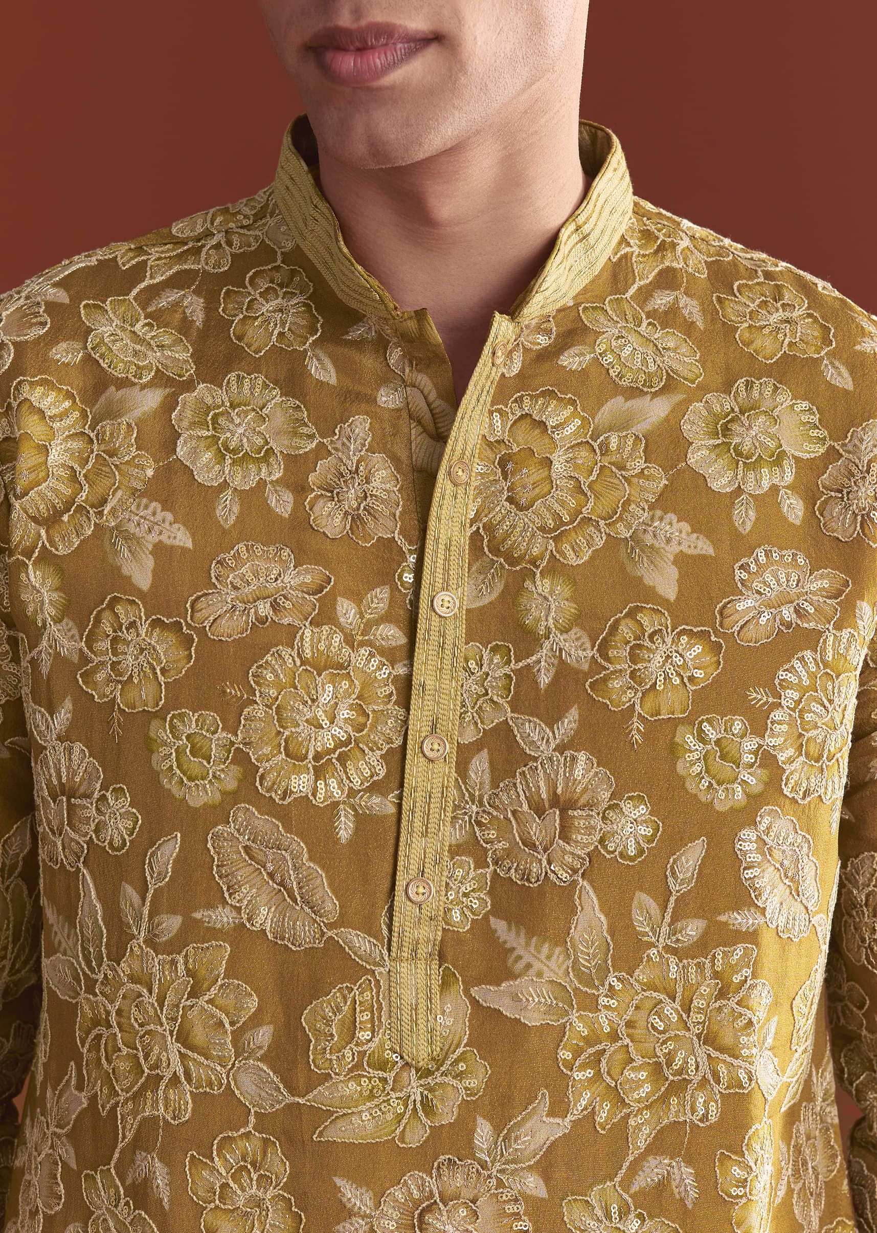Mustard Yellow Silk Kurta Set For Men With Floral Resham Work - Image 2