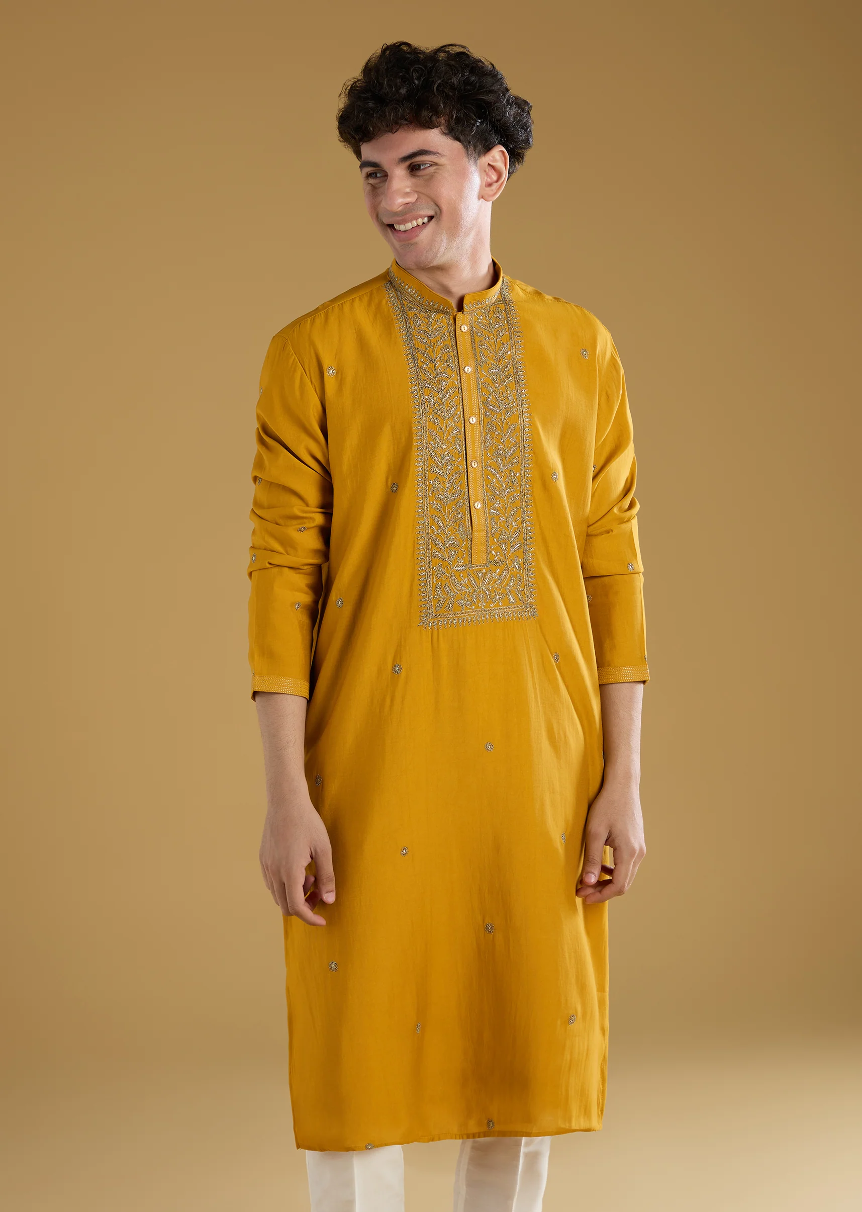 Mustard Yellow Silk Kurta Set With Thread Detail Work - Image 4