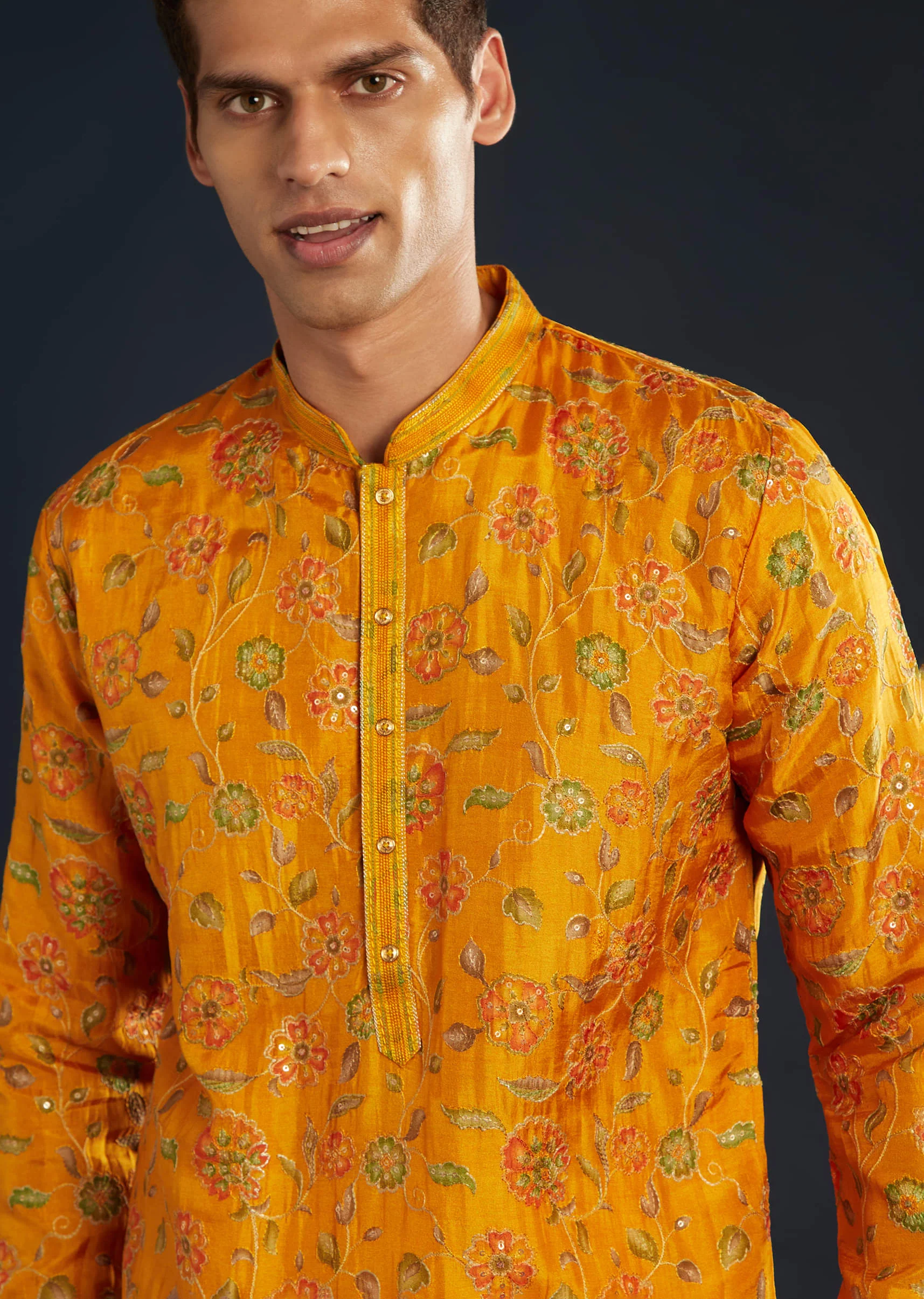 Mustard Yellow Silk Mens Kurta Set with Resham Sequins - Image 2