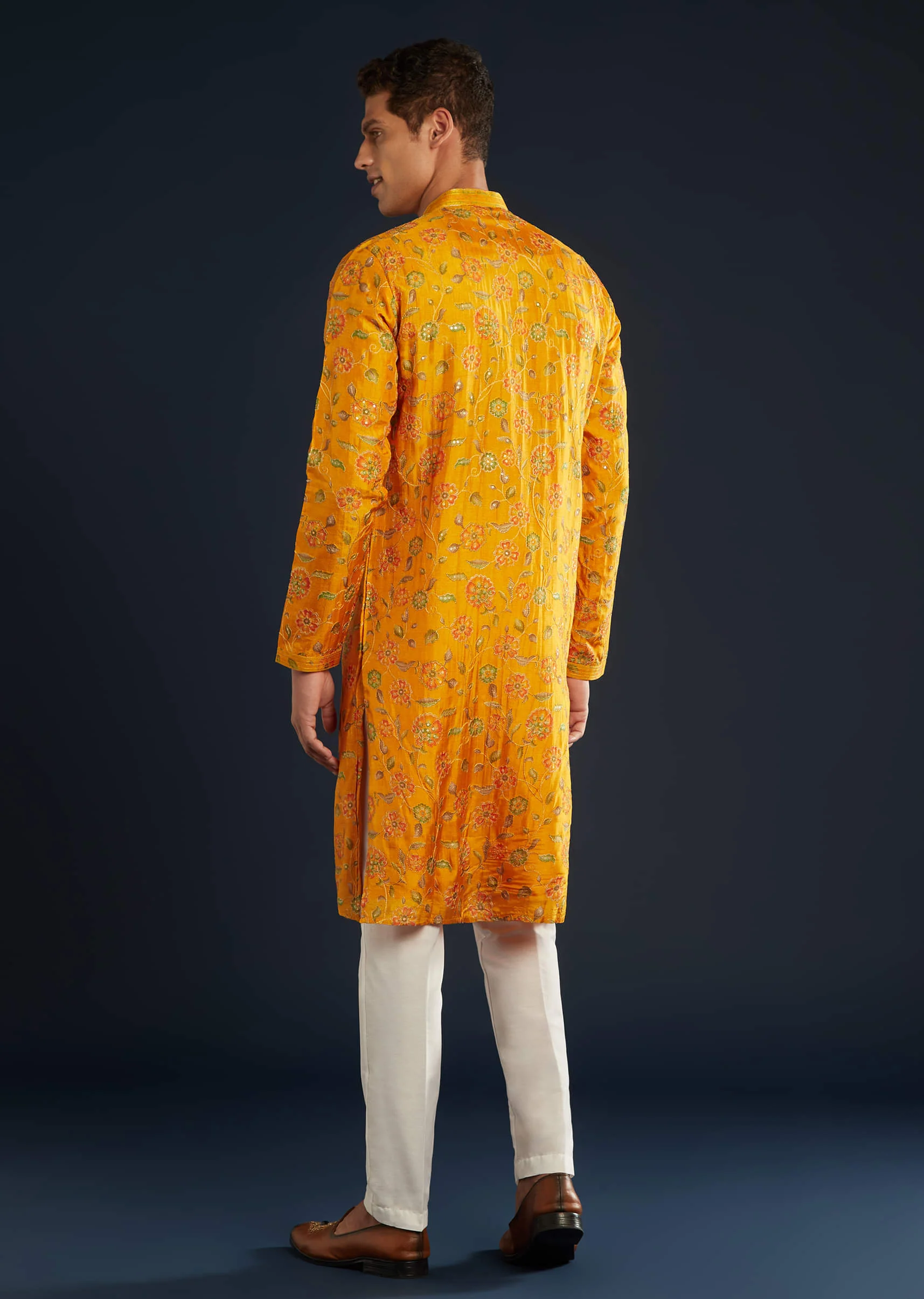 Mustard Yellow Silk Mens Kurta Set with Resham Sequins - Image 3