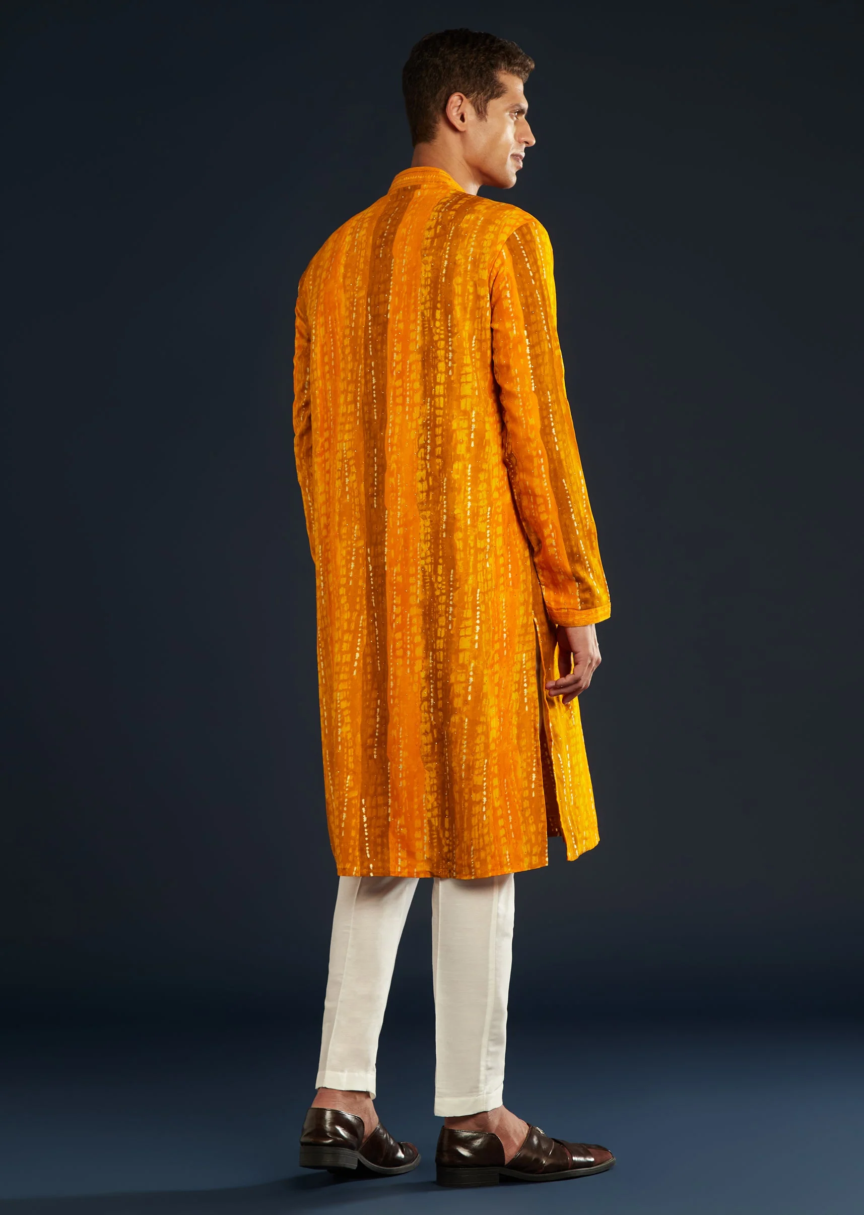 Mustard Yellow Silk Mens Kurta Set with Resham Work - Image 4